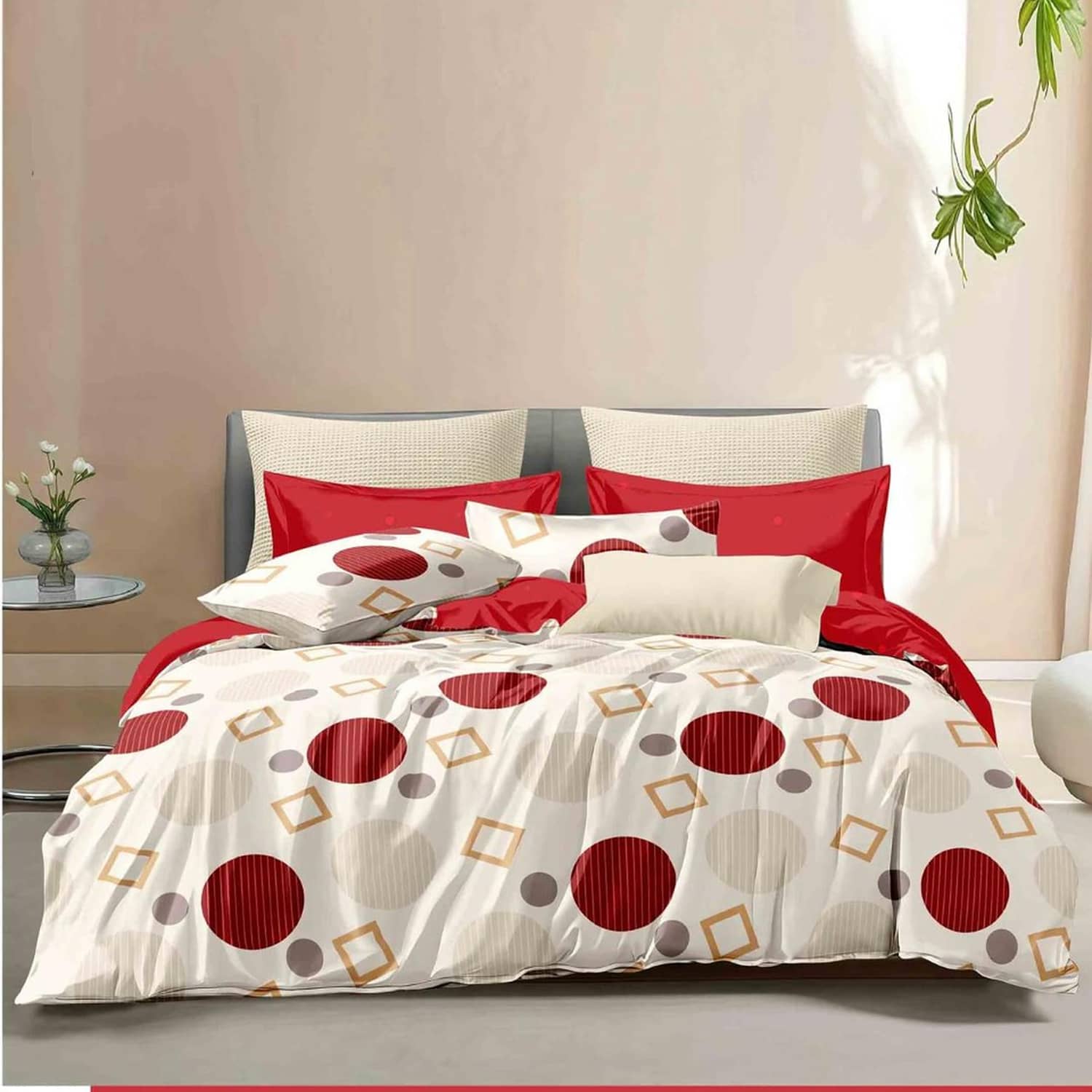 Lenjerie pat dublu, finet gros, elastic, 6 piese, model crem rosu cu cercuri | East Comfort
