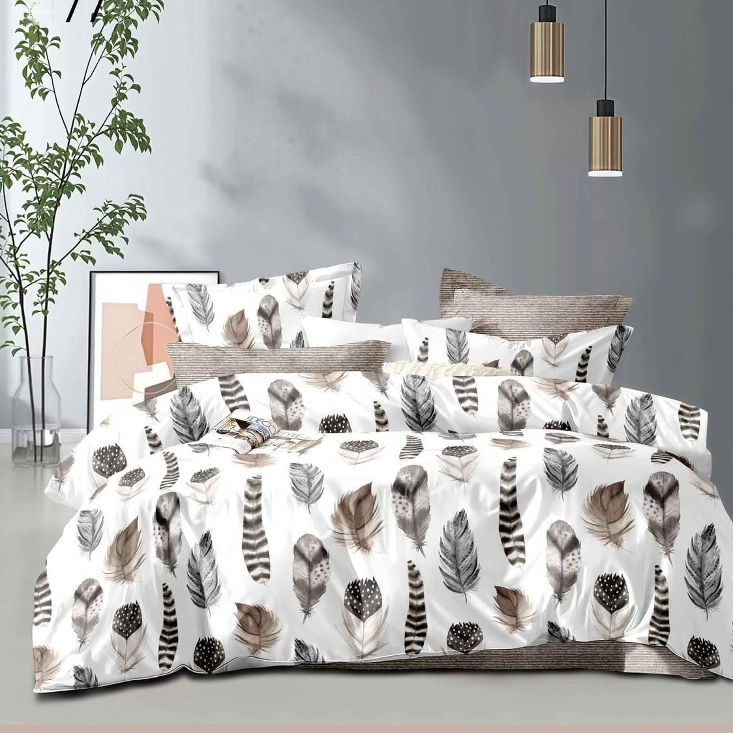Lenjerie pat dublu, finet gros, elastic, 6 piese, model alb gri cu pene | East Comfort