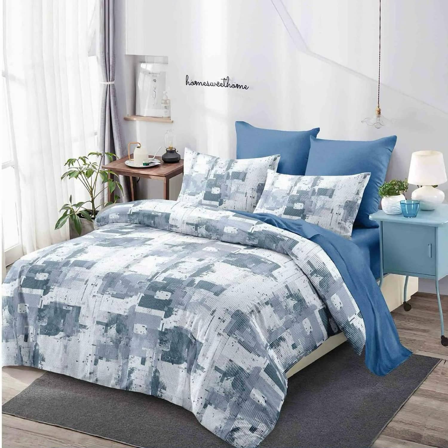 Lenjerie pat dublu, finet gros, elastic, 6 piese, model albastru gri cu mozaic | East Comfort