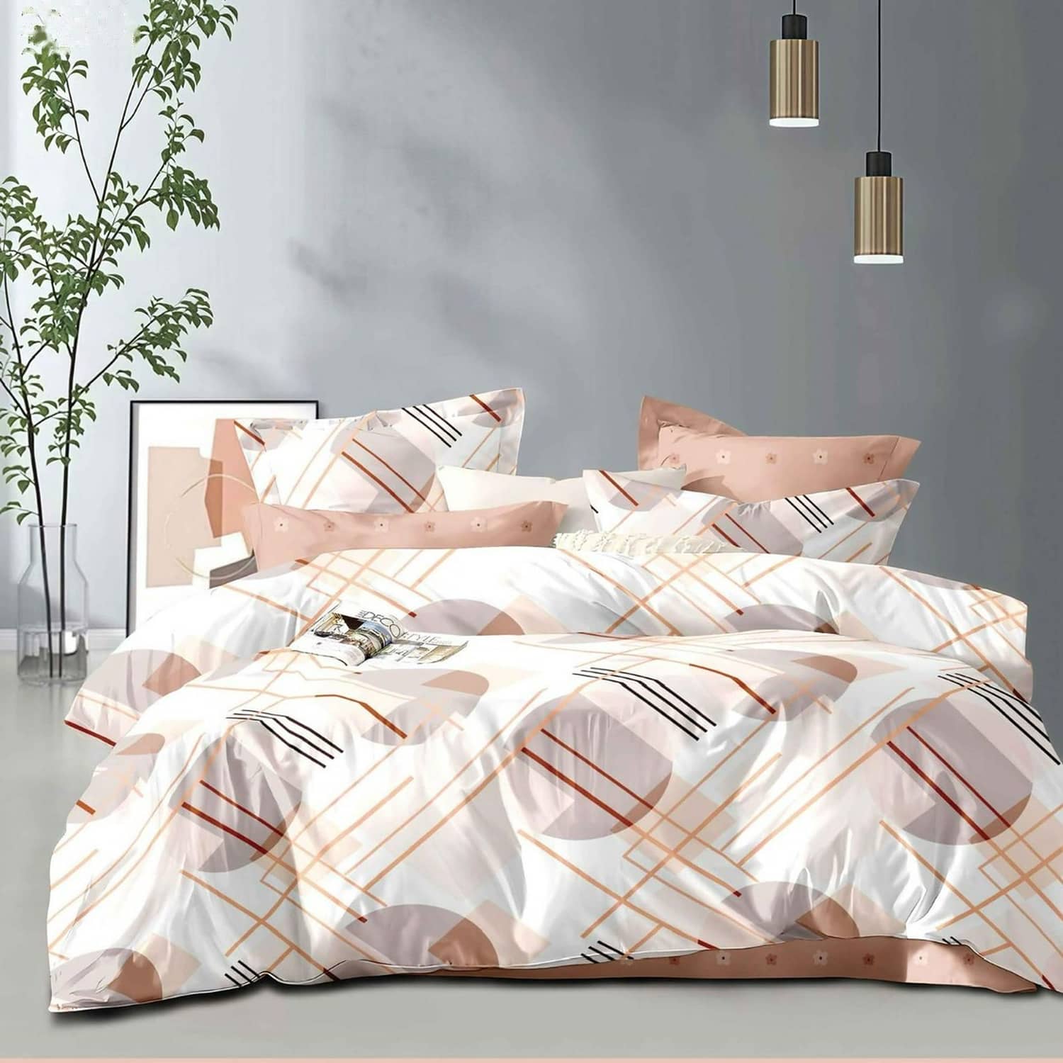 Lenjerie pat dublu, finet gros, elastic, 6 piese, model alb bej cu dungi diagonale | East Comfort