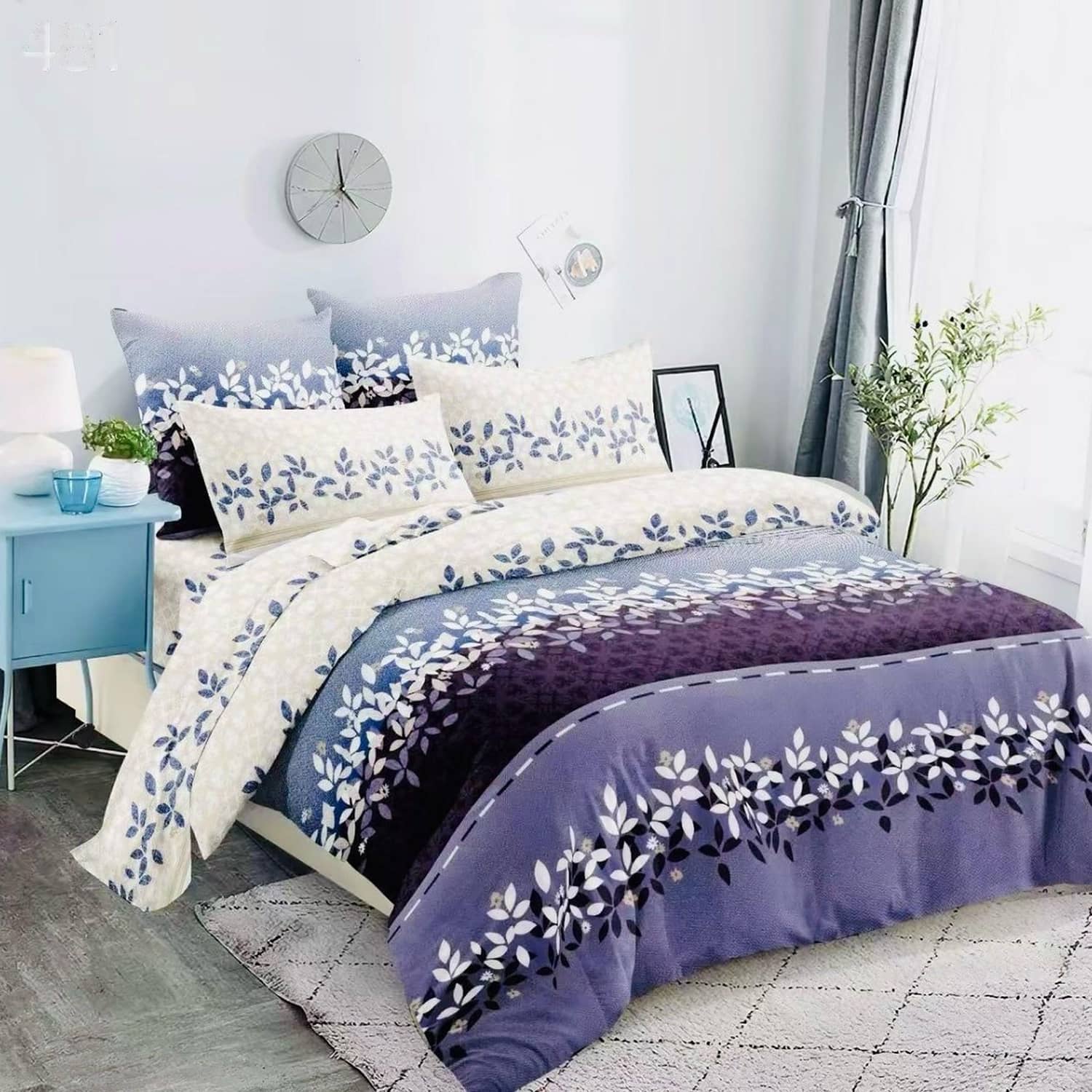 Lenjerie pat dublu, finet gros, elastic, 6 piese, model alb mov cu bordura florala | East Comfort