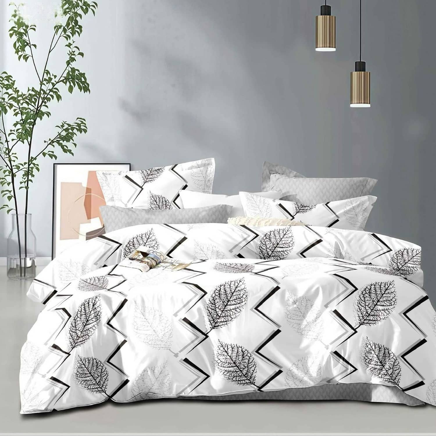 Lenjerie pat dublu, finet gros, elastic, 6 piese, model alb gri cu linii zigzag | East Comfort