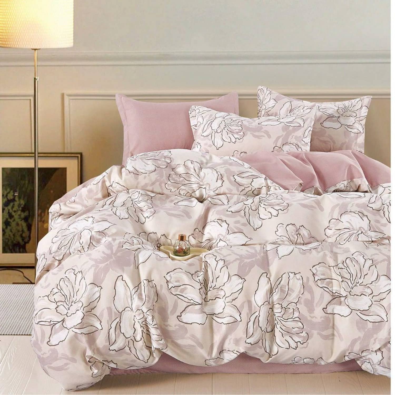 Lenjerie pat dublu, finet gros, elastic, 6 piese, model roz pudrat cu trandafiri | East Comfort