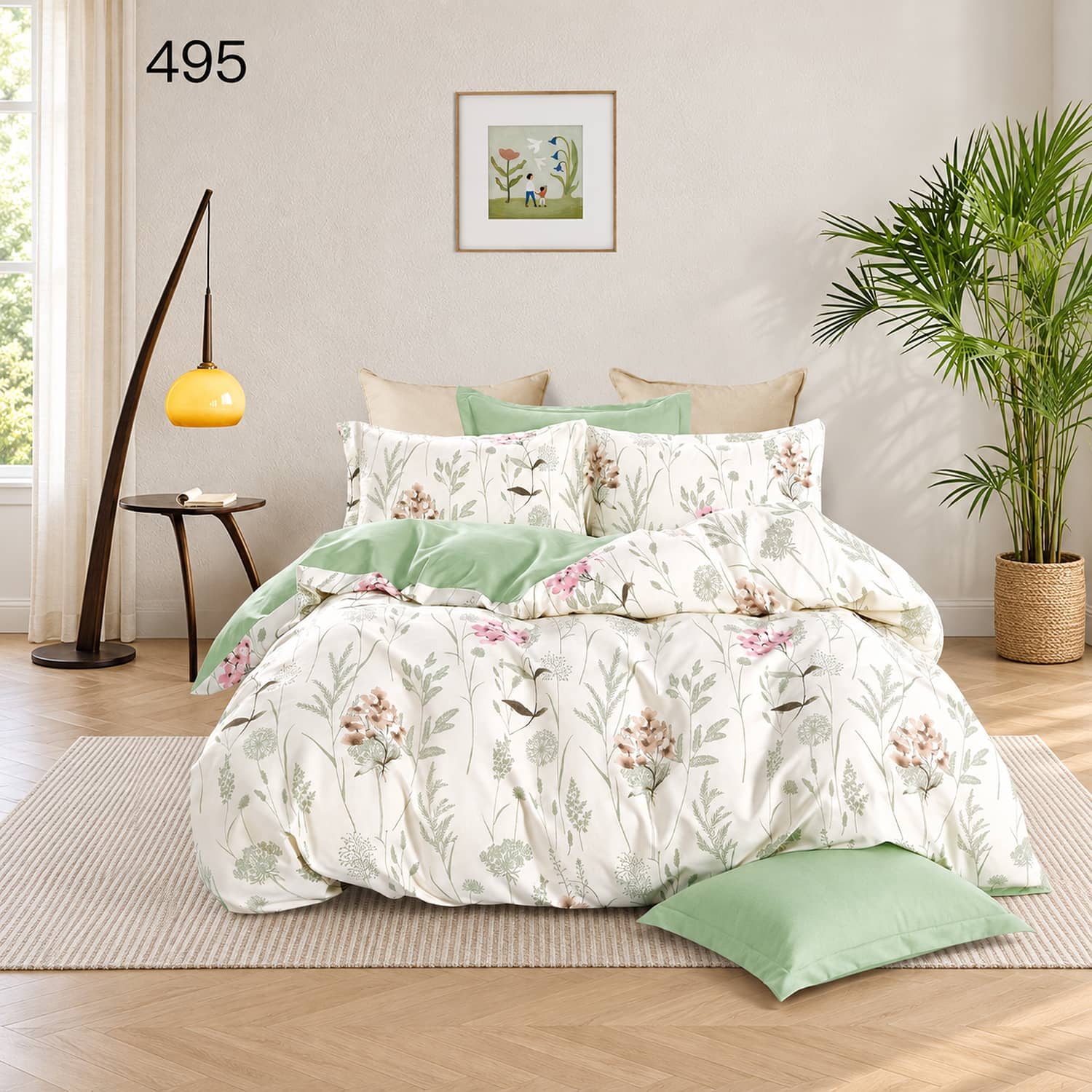 Lenjerie pat dublu, finet gros, elastic, 6 piese, model alb verde menta cu flori | East Comfort