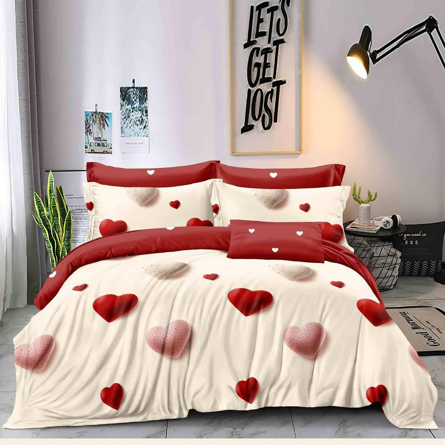 Lenjerie pat dublu, finet gros, elastic, 6 piese, model crem rosu cu inimi | East Comfort