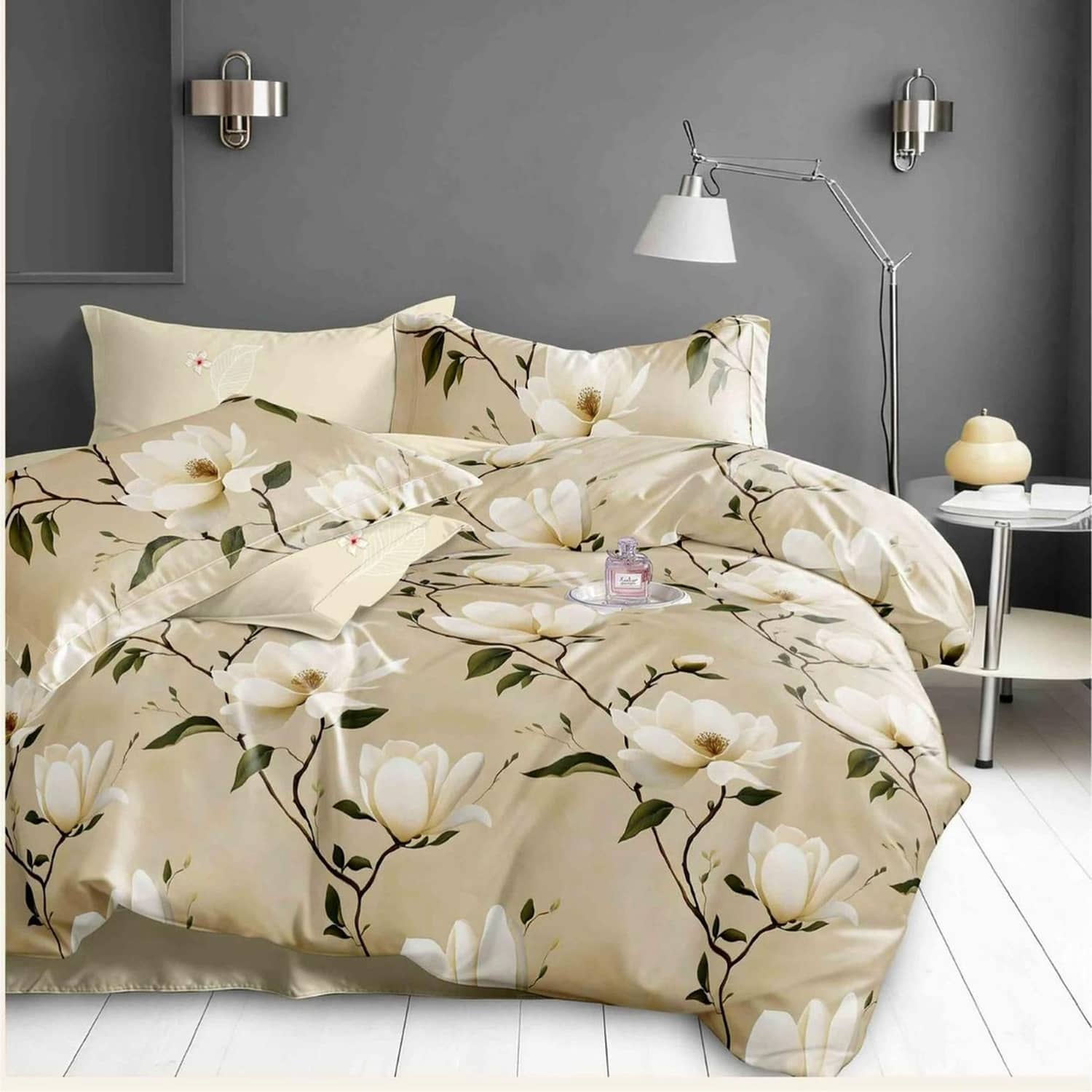 Lenjerie pat dublu, finet gros, elastic, 6 piese, model crem verde cu ramuri | East Comfort