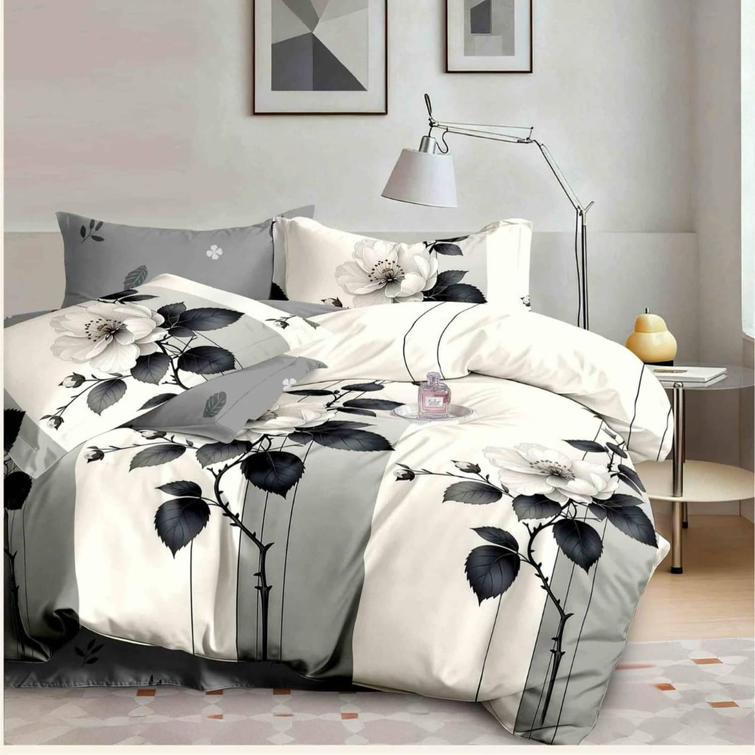 Lenjerie pat dublu, finet gros, elastic, 6 piese, model alb negru cu lalele | East Comfort