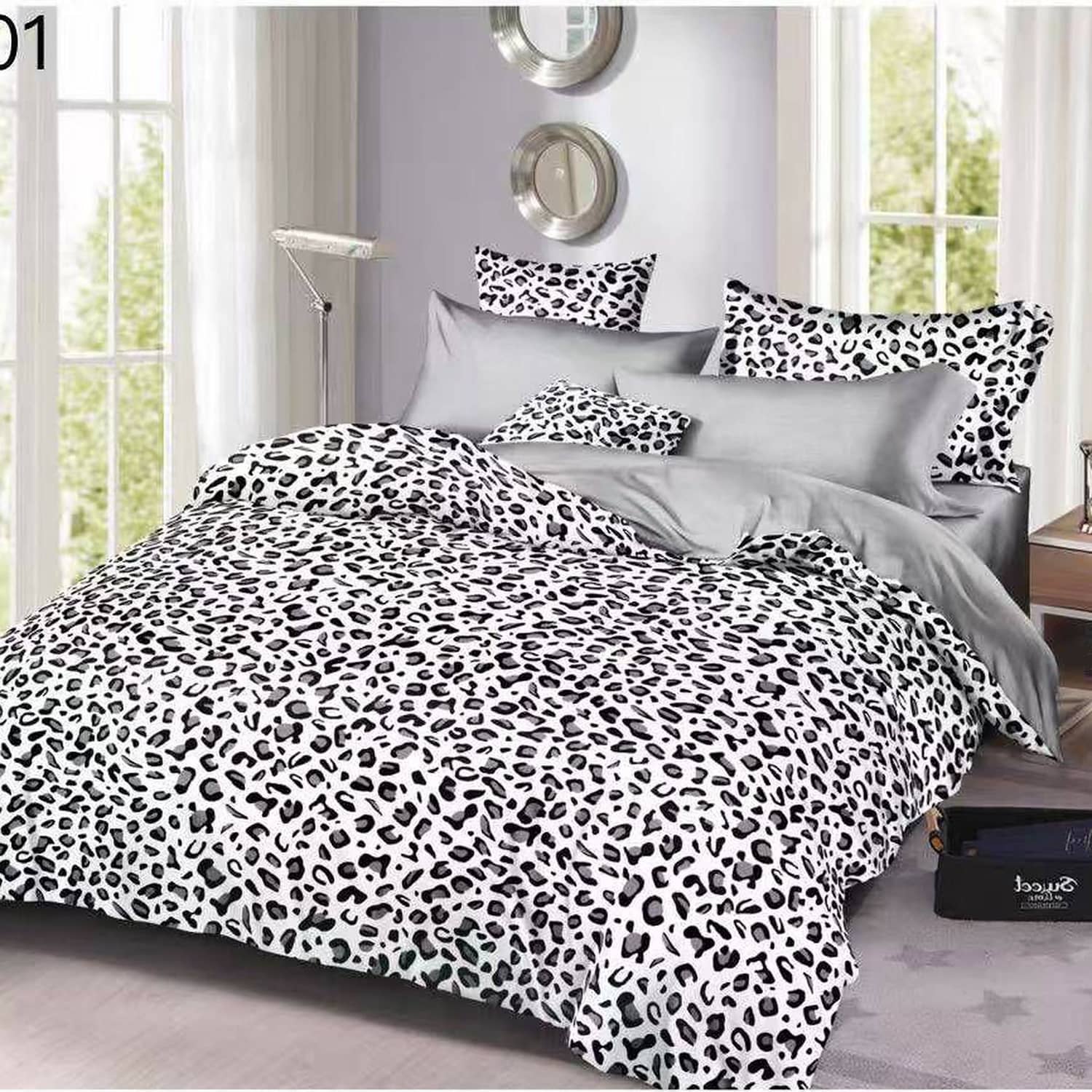 Lenjerie pat dublu, finet gros, elastic, 6 piese, model alb negru cu pete leopard | East Comfort