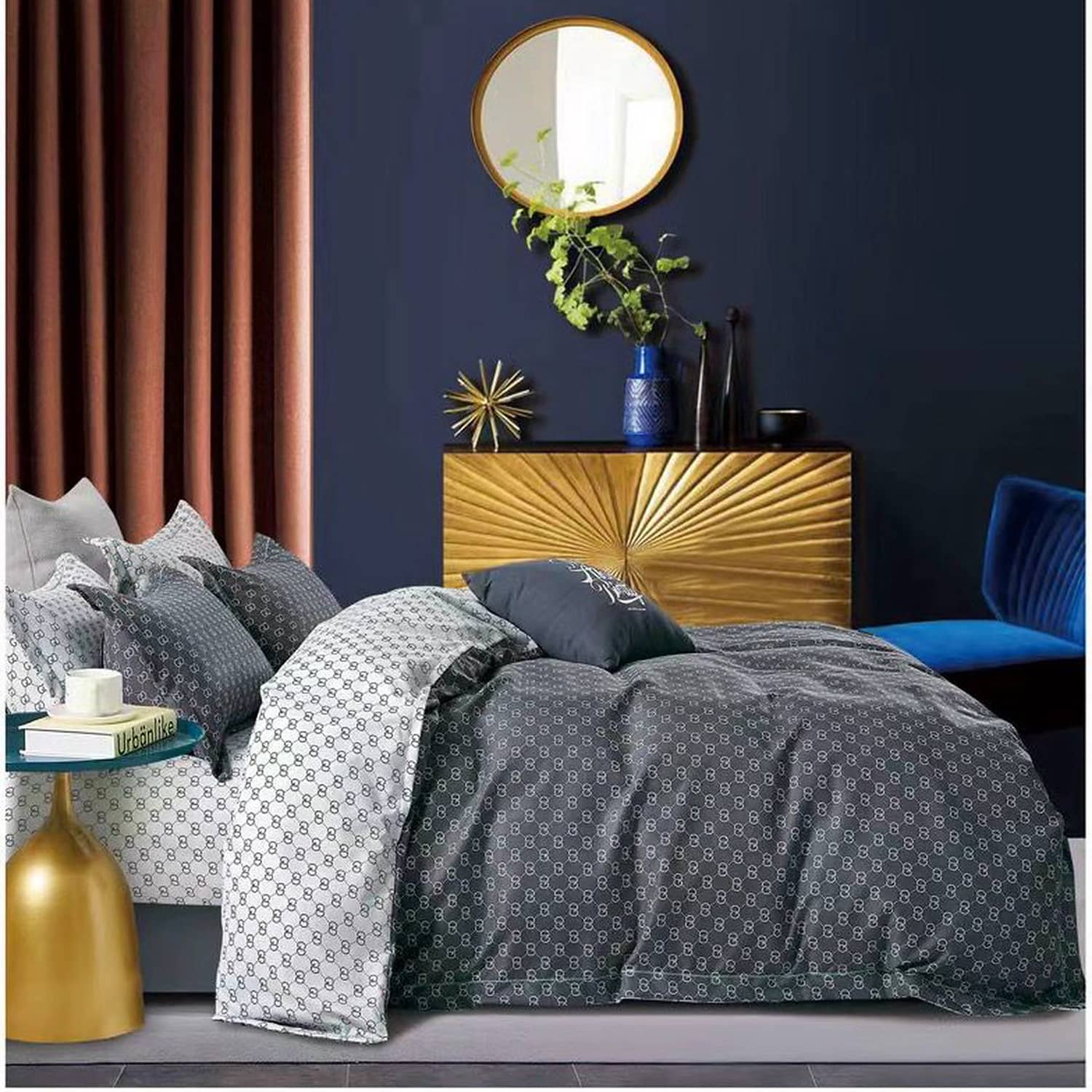 Lenjerie pat dublu, finet gros, elastic, 6 piese, model gri inchis cu model geometric | East Comfort