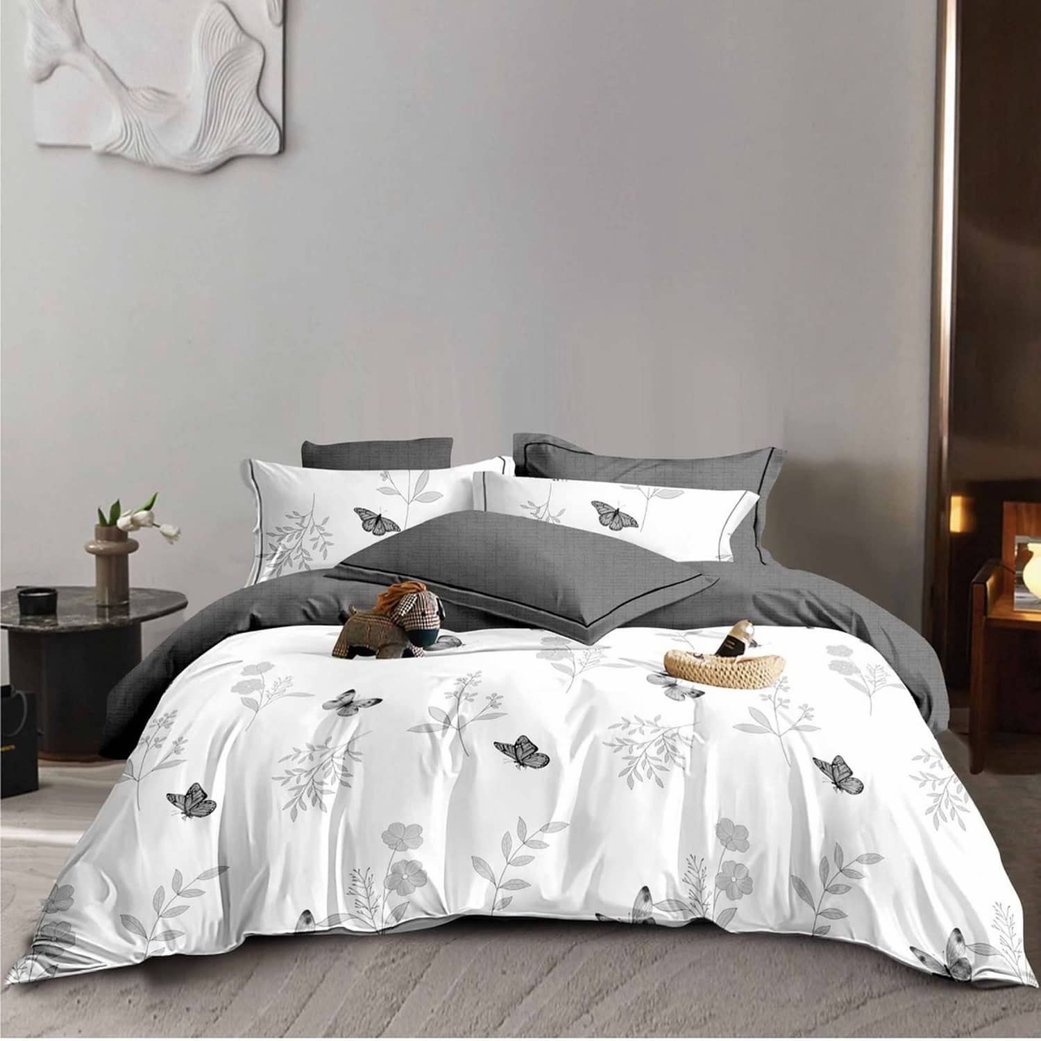 Lenjerie pat dublu, finet gros, elastic, 6 piese, model alb gri cu frunze stilizate | East Comfort