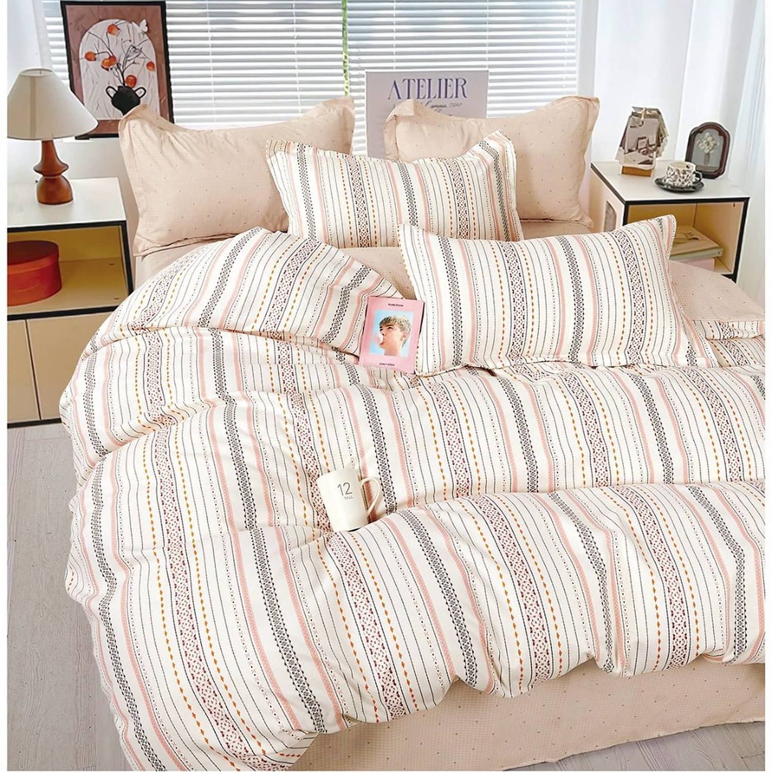 Lenjerie pat dublu, finet gros, elastic, 6 piese, model somon cu dungi fine | East Comfort