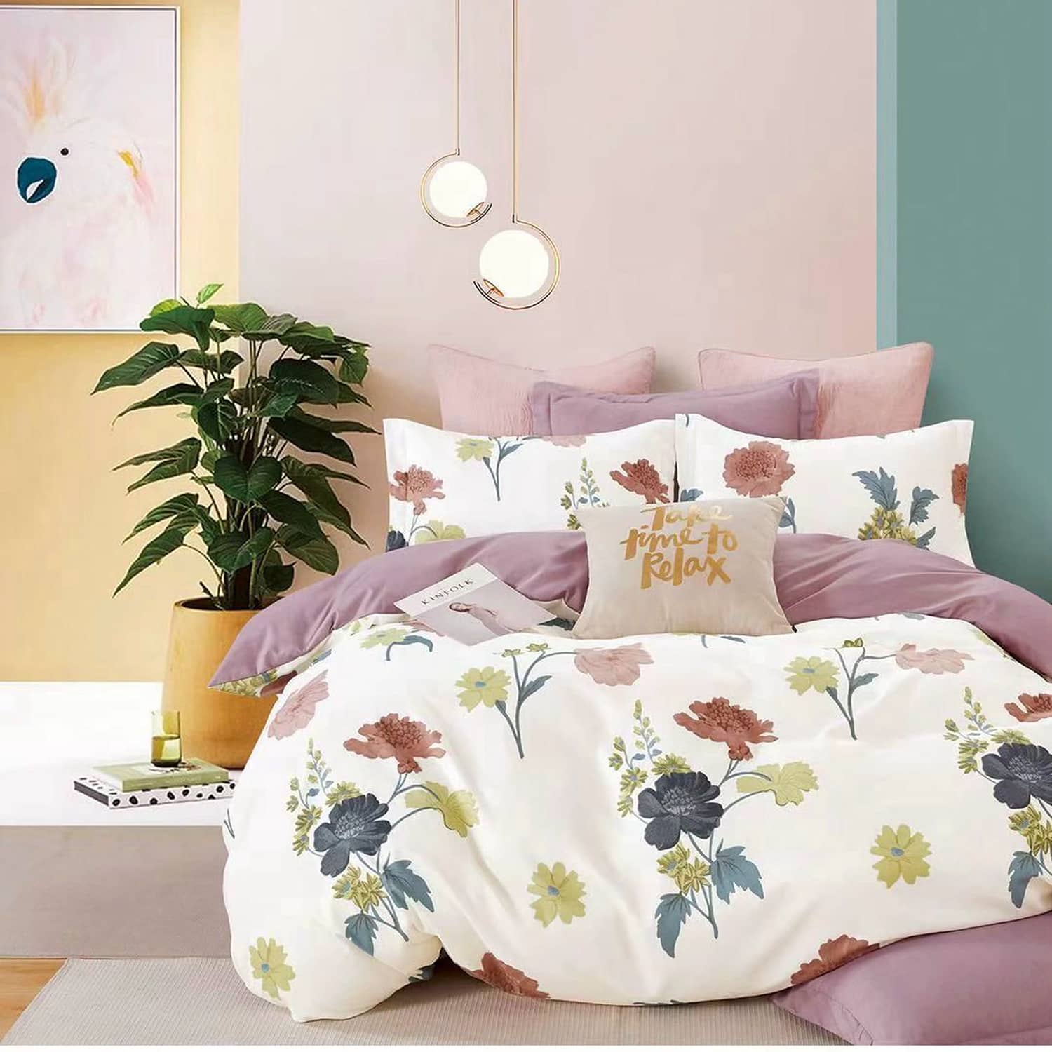 Lenjerie pat dublu, finet gros, elastic, 6 piese, model alb cu flori pastelate | East Comfort