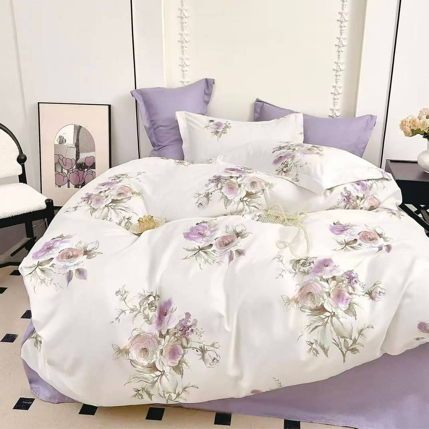 Lenjerie pat dublu, finet gros, elastic, 6 piese, model alb mov cu flori delicate | East Comfort