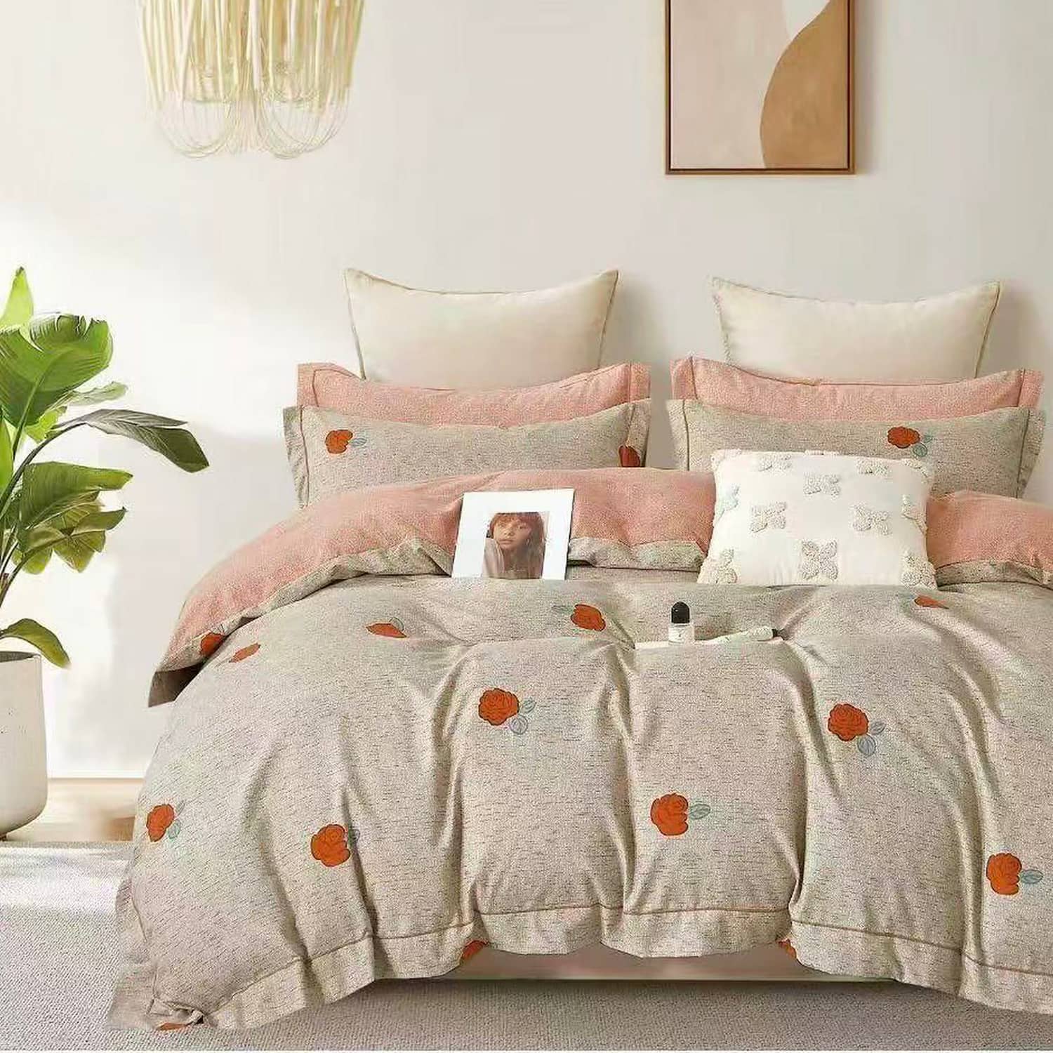 Lenjerie pat dublu, finet gros, elastic, 6 piese, model bej cu lalele portocalii | East Comfort