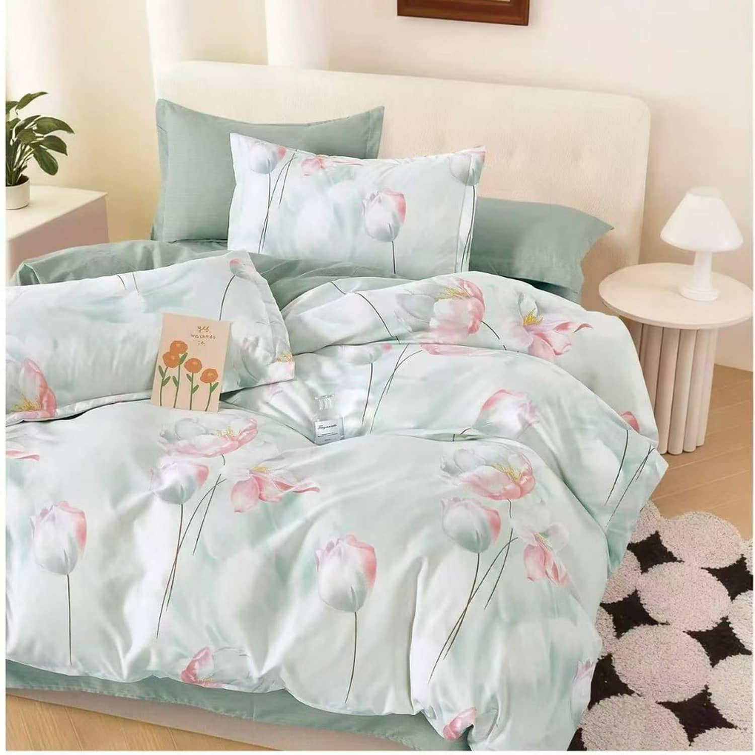 Lenjerie pat dublu, finet gros, elastic, 6 piese, model verde menta cu pene roz | East Comfort