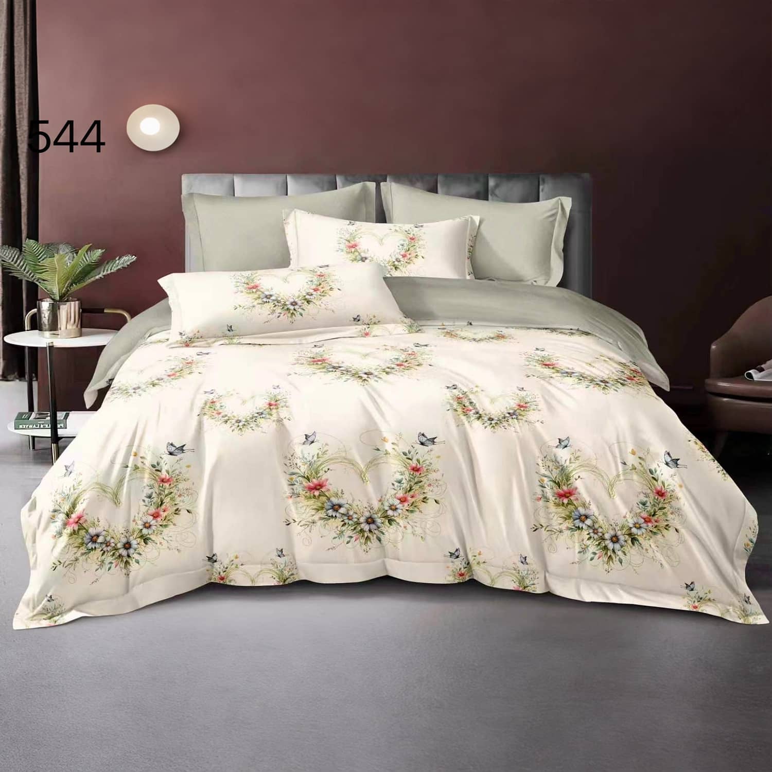 Lenjerie pat dublu, finet gros, elastic, 6 piese, model crem cu buchete florale | East Comfort