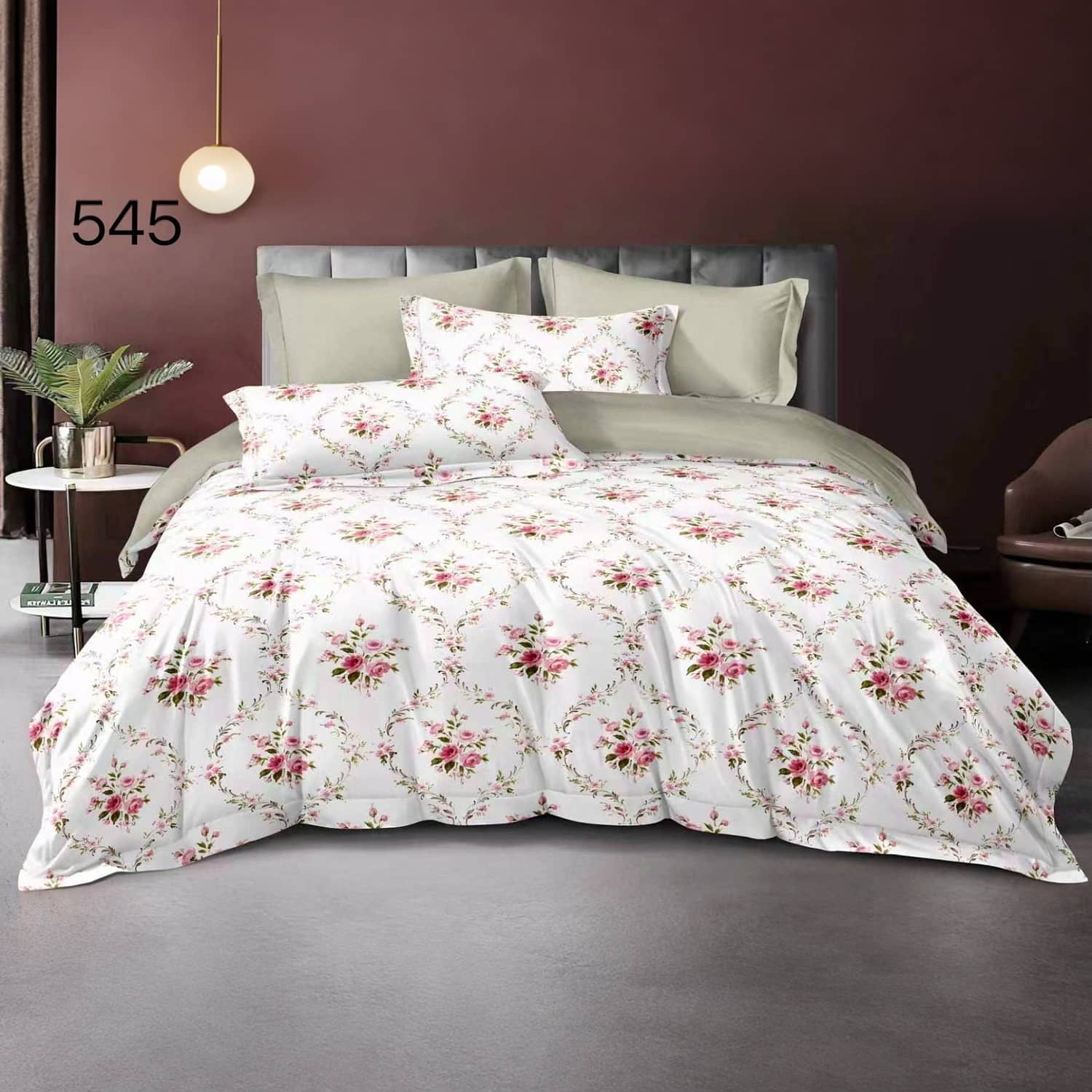 Lenjerie pat dublu, finet gros, elastic, 6 piese, model alb cu flori rosii marunte | East Comfort