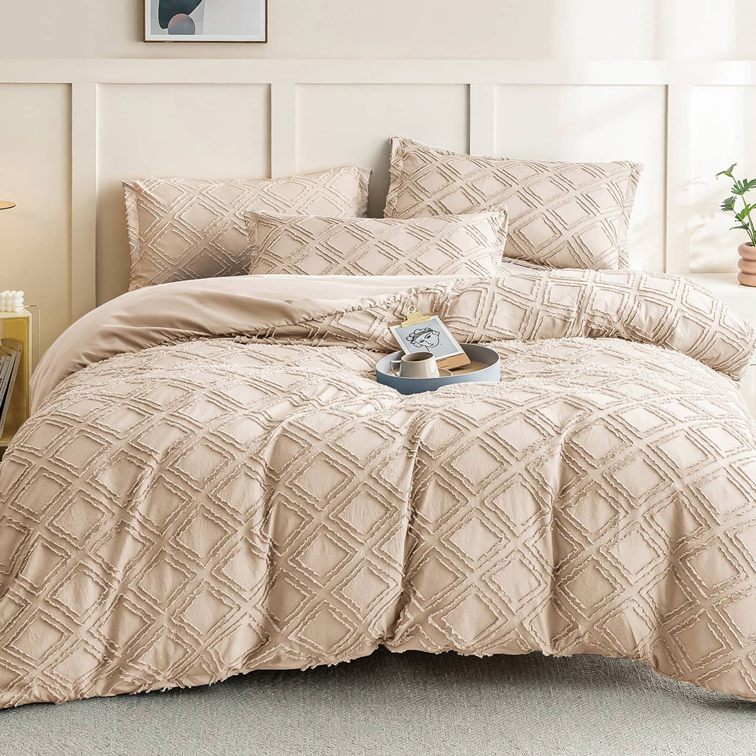 Lenjerie de pat dublu cu elastic, din 100% microfibră, 4 piese, Casa New Concept, model bej ovaz cu romburi fine