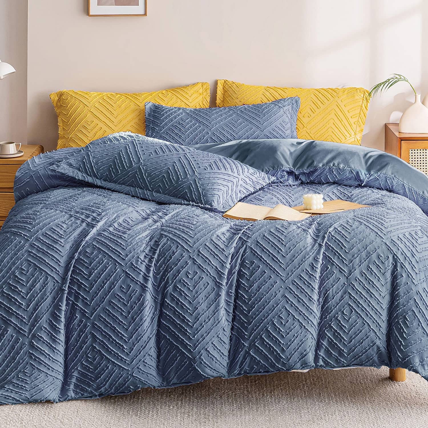 Lenjerie de pat dublu cu elastic, din 100% microfibră, 4 piese, Casa New Concept, model albastru gri cu model herringbone