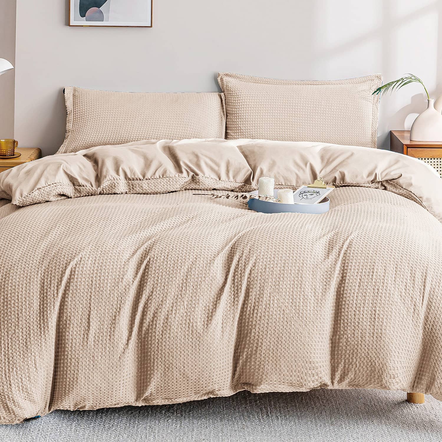 Lenjerie de pat dublu cu elastic, din 100% microfibră, 4 piese, Casa New Concept, model bej camel uni cu textura creponata