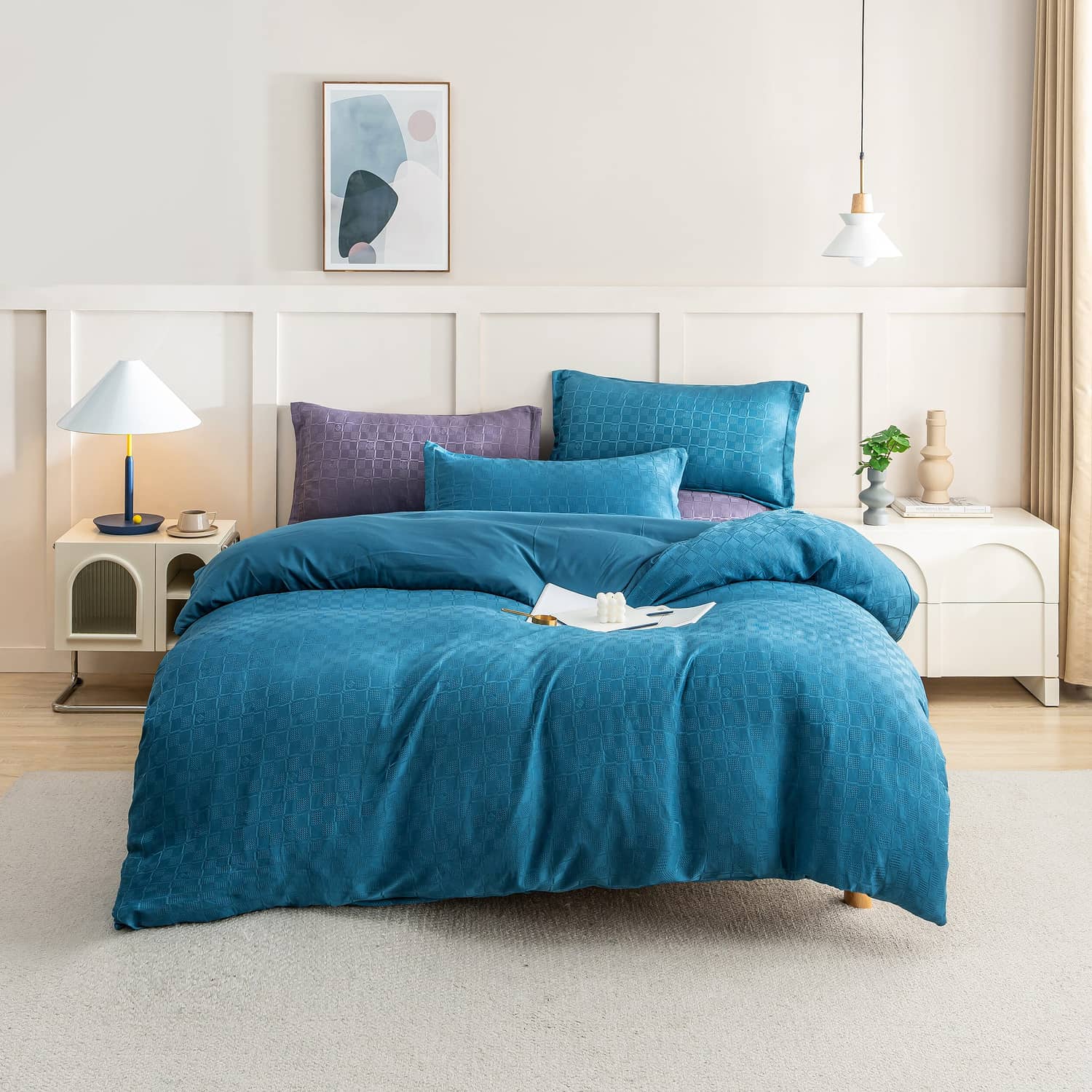 Lenjerie de pat dublu cu elastic, din 100% microfibră, 4 piese, Casa New Concept, model turcoaz cu textura patrata