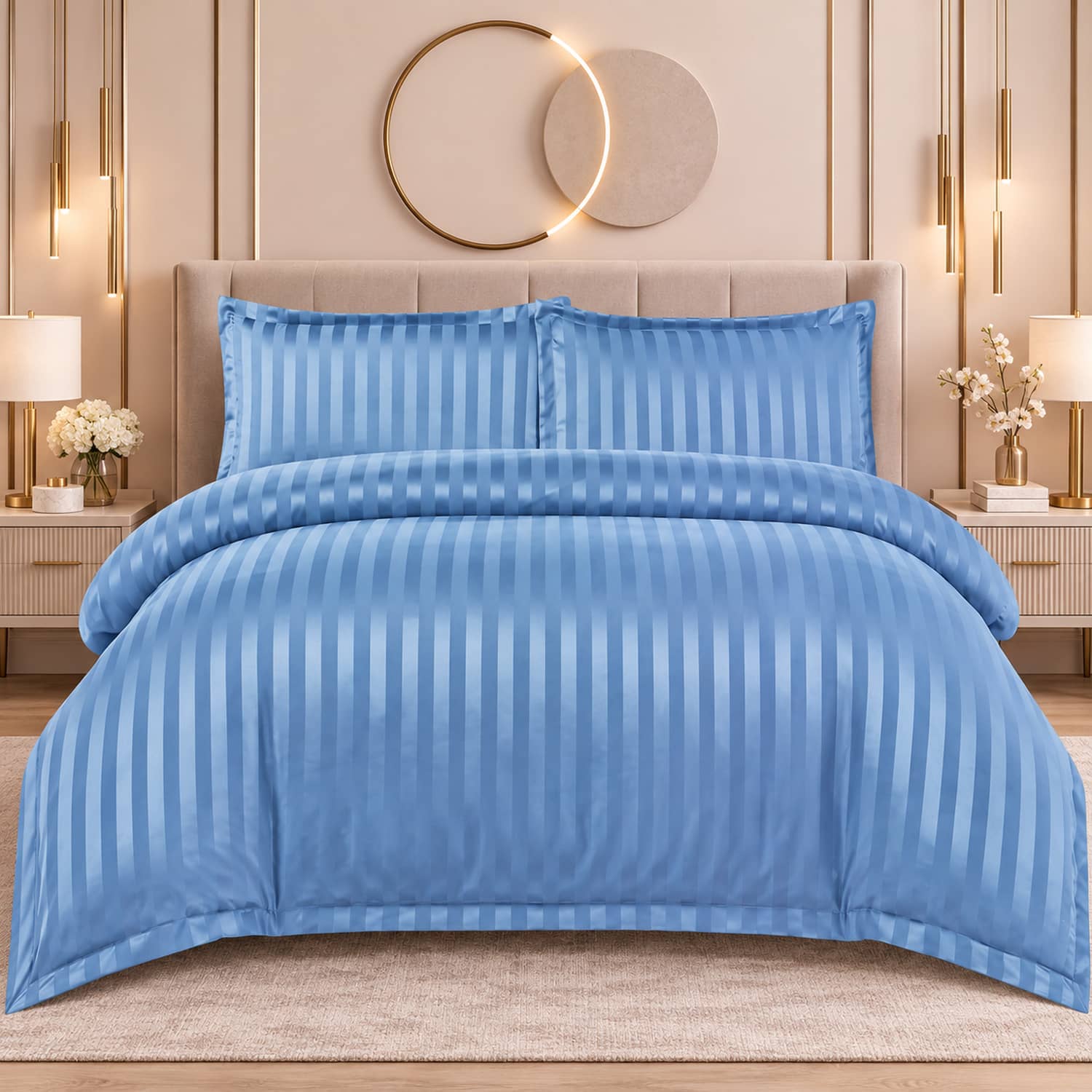 Lenjerie pat dublu, damasc, elastic, 4 piese, Casa New Concept, model albastru ciel