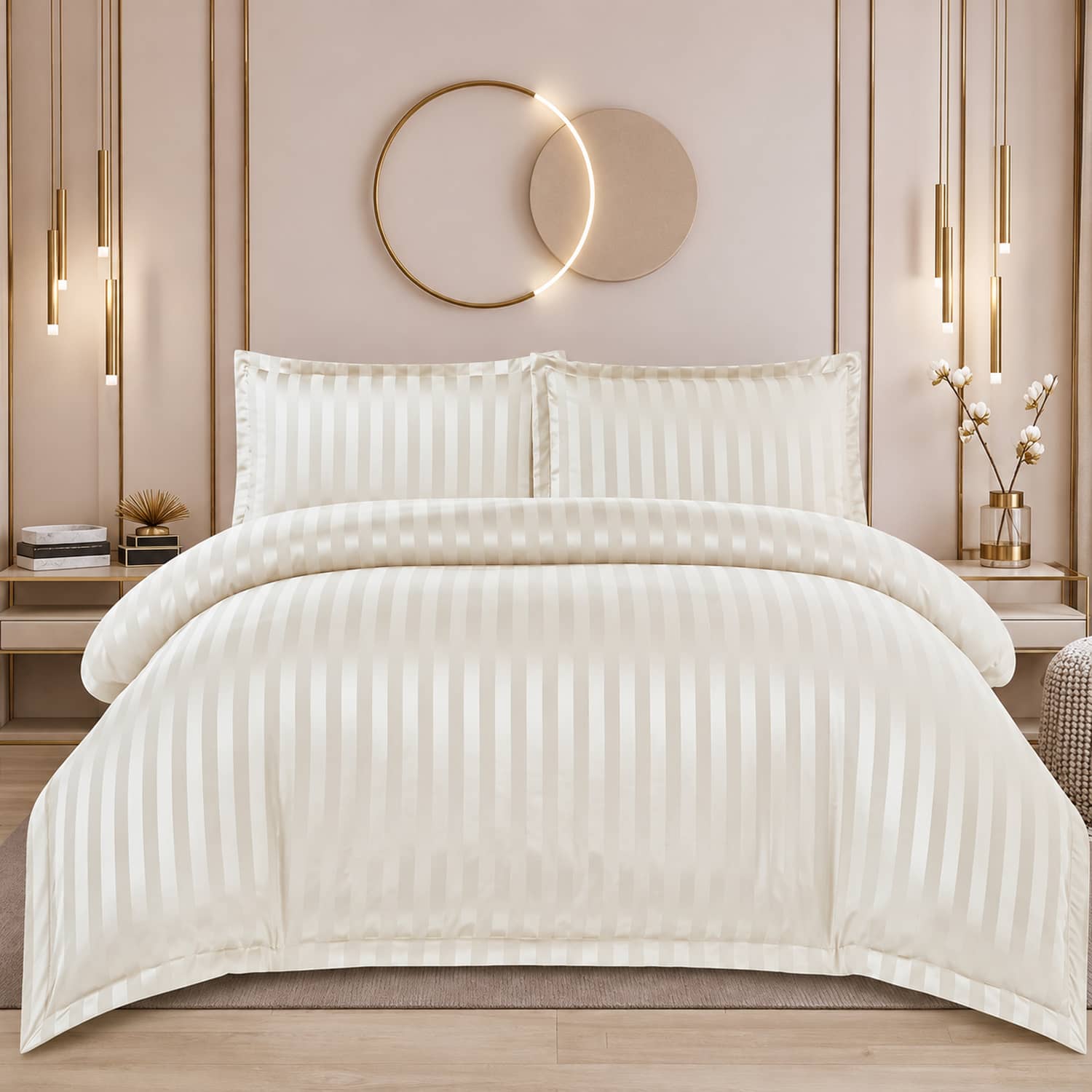 Lenjerie pat dublu, damasc, elastic, 4 piese, Casa New Concept, model crem ivoriu