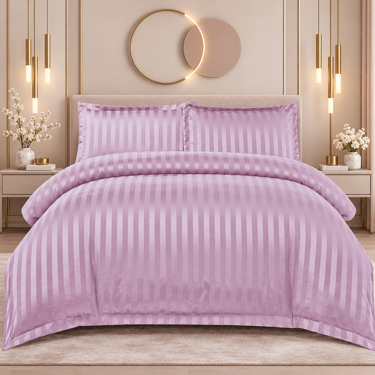 Lenjerie pat dublu, damasc, elastic, 4 piese, Casa New Concept, model lila pal