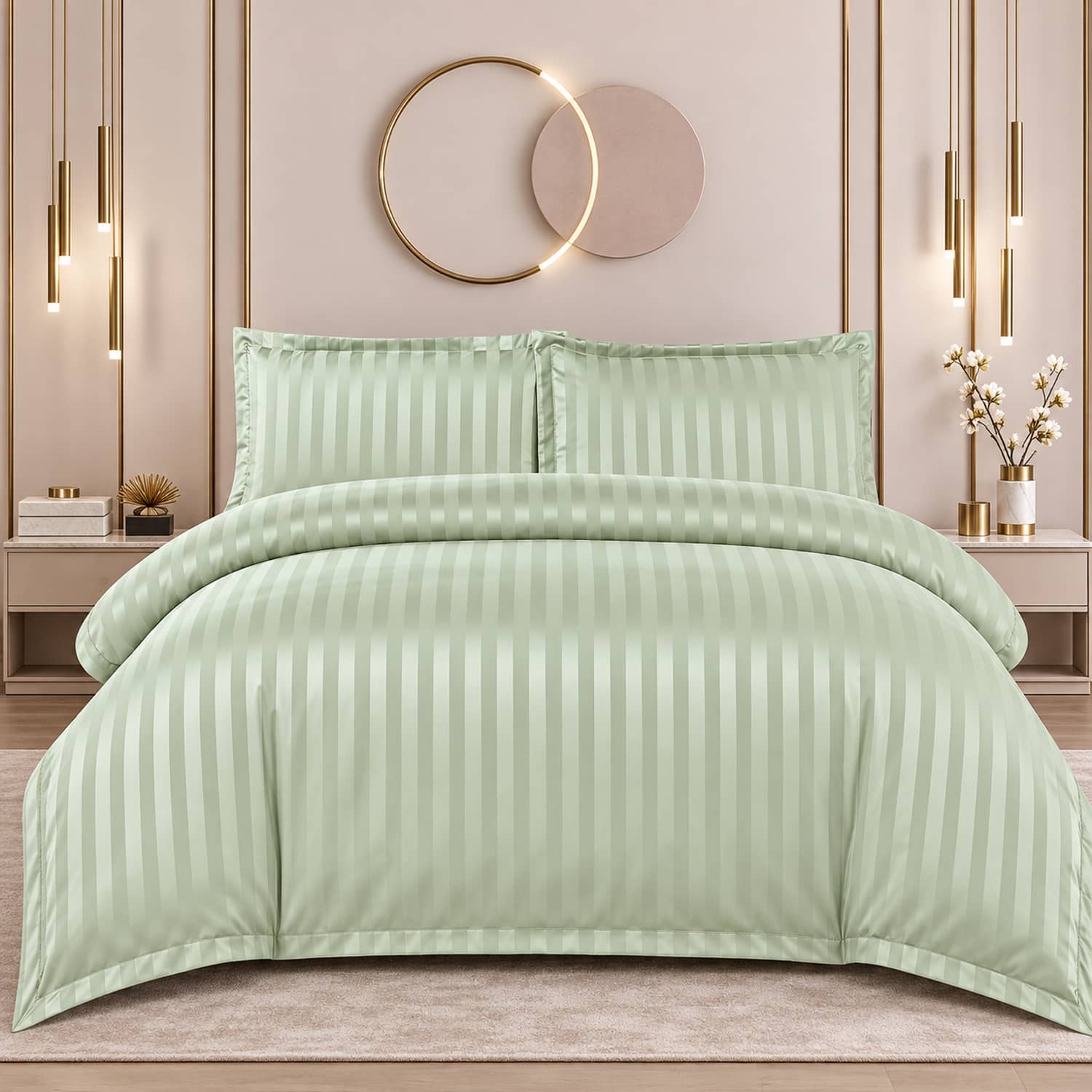 Lenjerie pat dublu, damasc, elastic, 4 piese, Casa New Concept, model verde salvie
