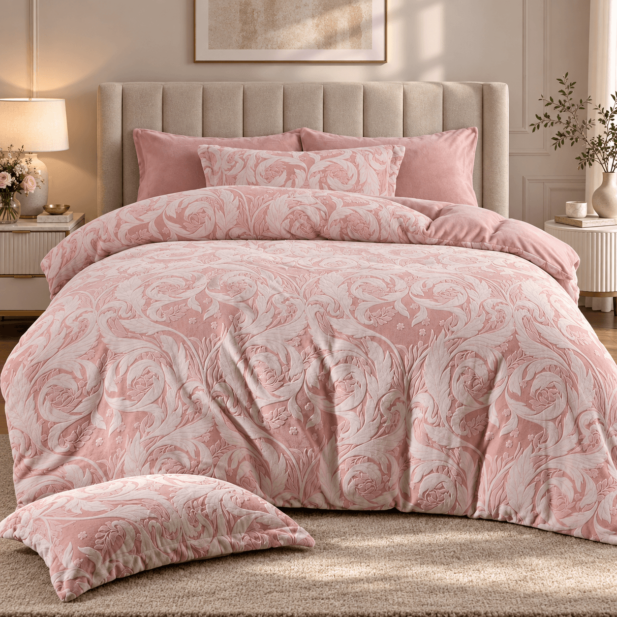 Lenjerie pat dublu, Cocolino, cu model floral 3D în relief, cearceaf plat, 4 piese, Casa New Concept, model roz pudrat cu trandafiri