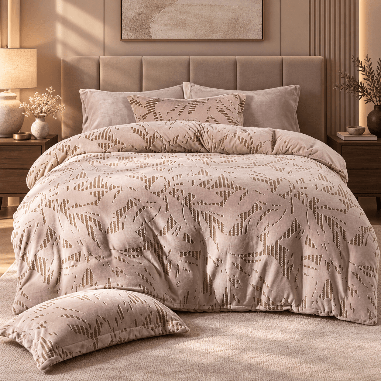 Lenjerie pat dublu, Cocolino, cu model floral 3D în relief, cearceaf plat, 4 piese, Casa New Concept, model bej rozaliu cu frunze geometrice