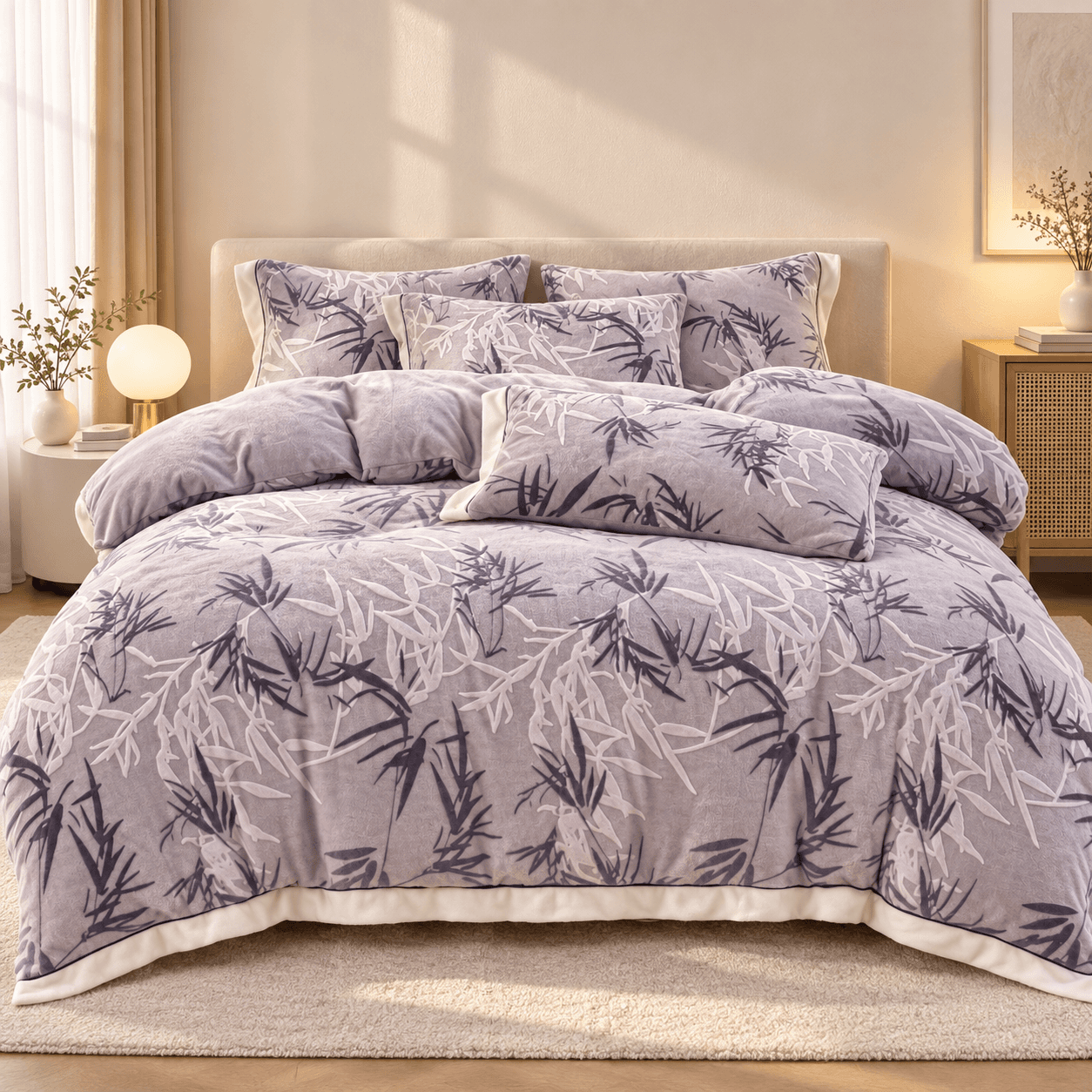 Lenjerie pat dublu, Cocolino, cu model floral 3D în relief, cearceaf plat, 4 piese, Casa New Concept, model gri lila cu frunze de bambus