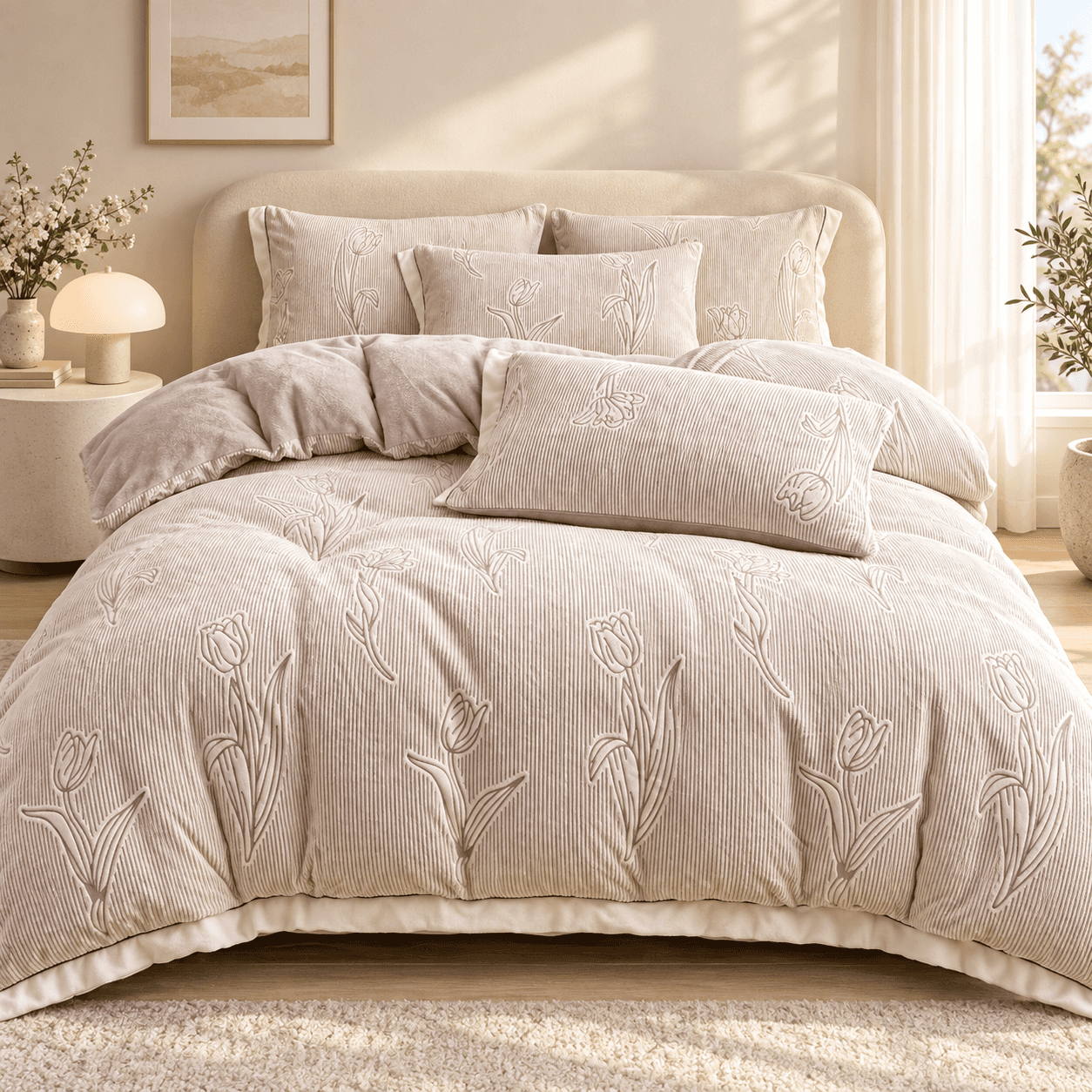 Lenjerie pat dublu, Cocolino, cu model floral 3D în relief, cearceaf plat, 4 piese, Casa New Concept, model crem cu lalele si dungi fine