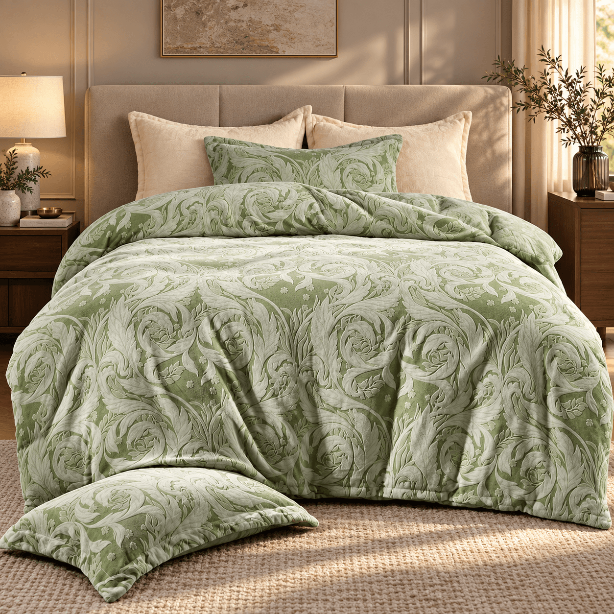 Lenjerie pat dublu, Cocolino, cu model floral 3D în relief, cearceaf plat, 4 piese, Casa New Concept, model verde salvie cu trandafiri