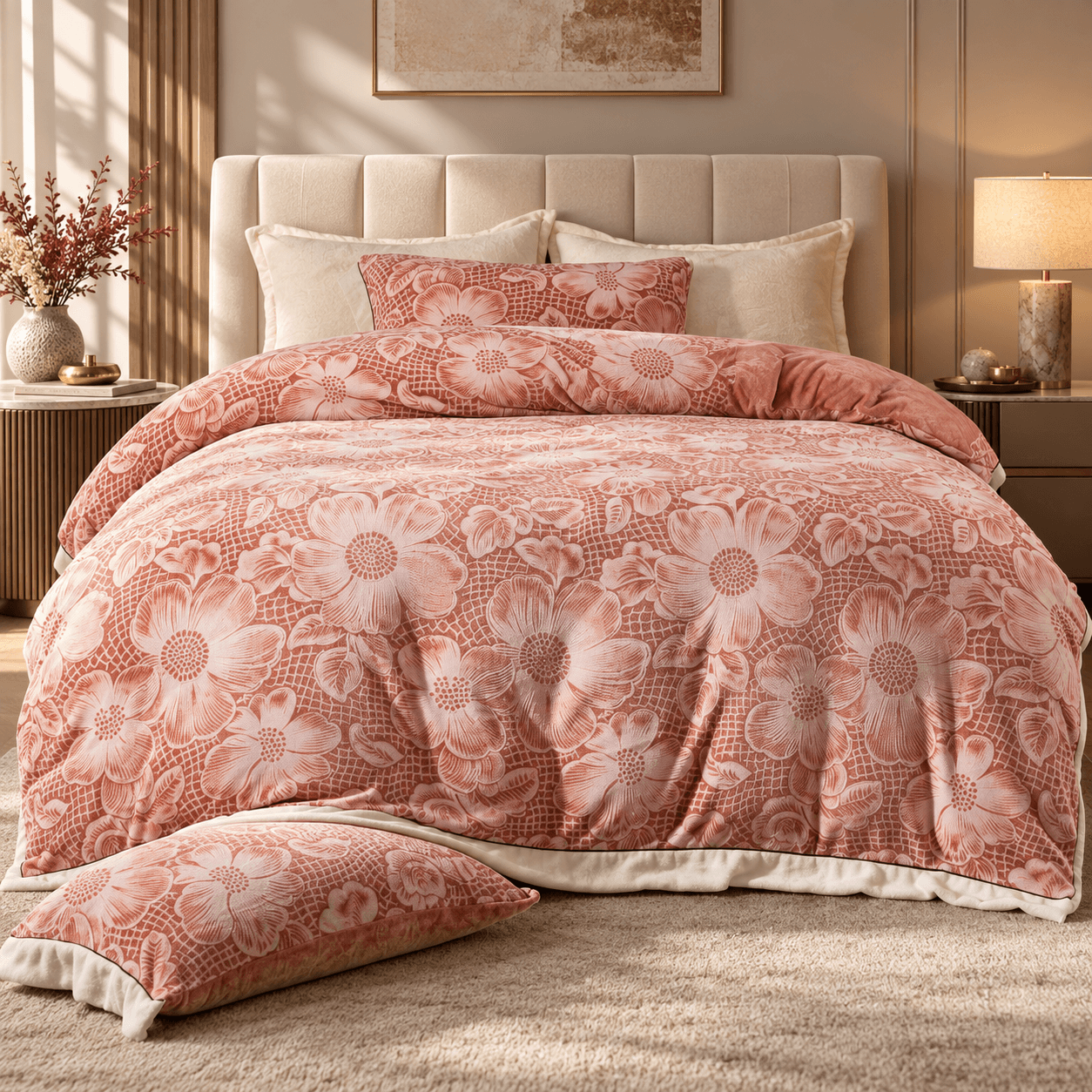 Lenjerie pat dublu, Cocolino, cu model floral 3D în relief, cearceaf plat, 4 piese, Casa New Concept, model caramiziu cu flori mari