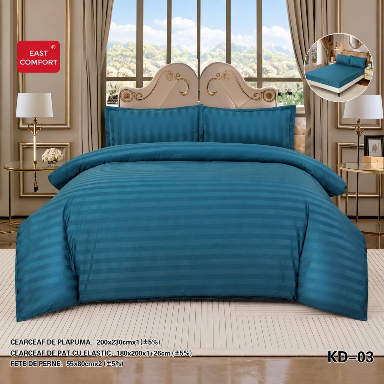 Lenjerie de pat dublu, damasc, elastic, 4 piese, model albastru petrol | East Comfort