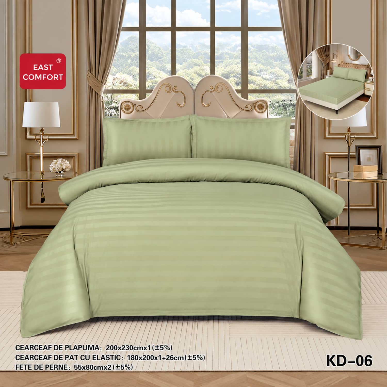 Lenjerie de pat dublu, damasc, elastic, 4 piese, model verde salvie | East Comfort