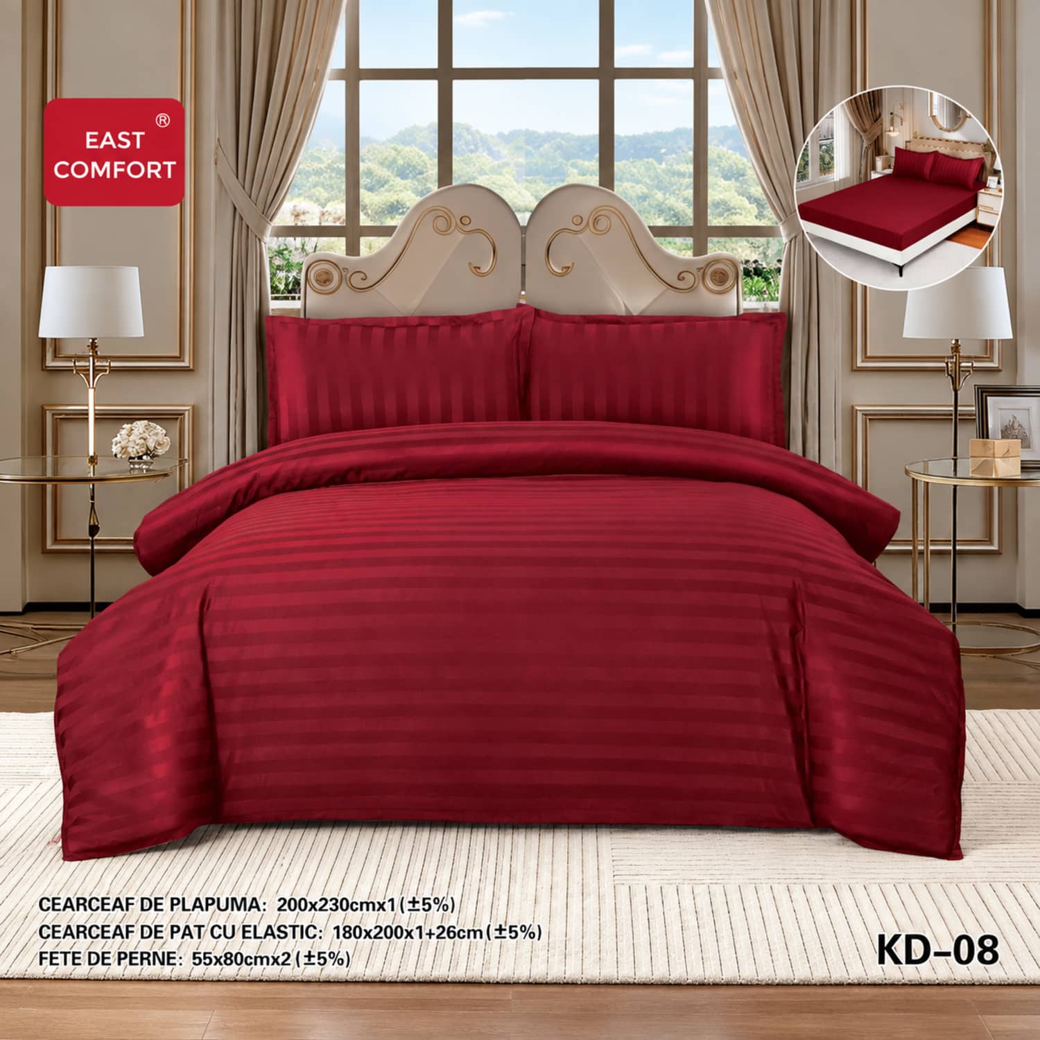 Lenjerie de pat dublu, damasc, elastic, 4 piese, model rosu bordo | East Comfort