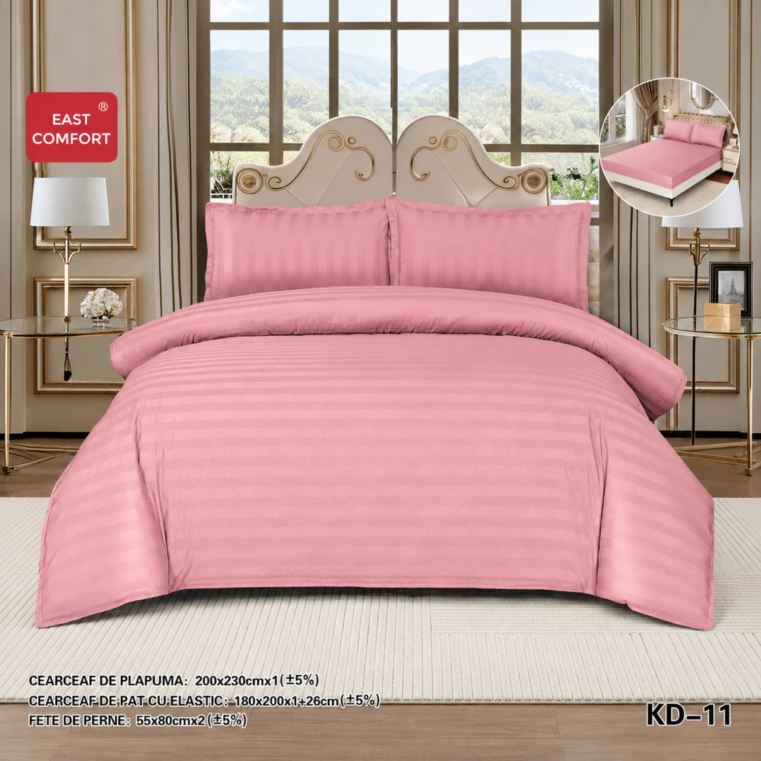 Lenjerie de pat dublu, damasc, elastic, 4 piese, model roz pudrat | East Comfort