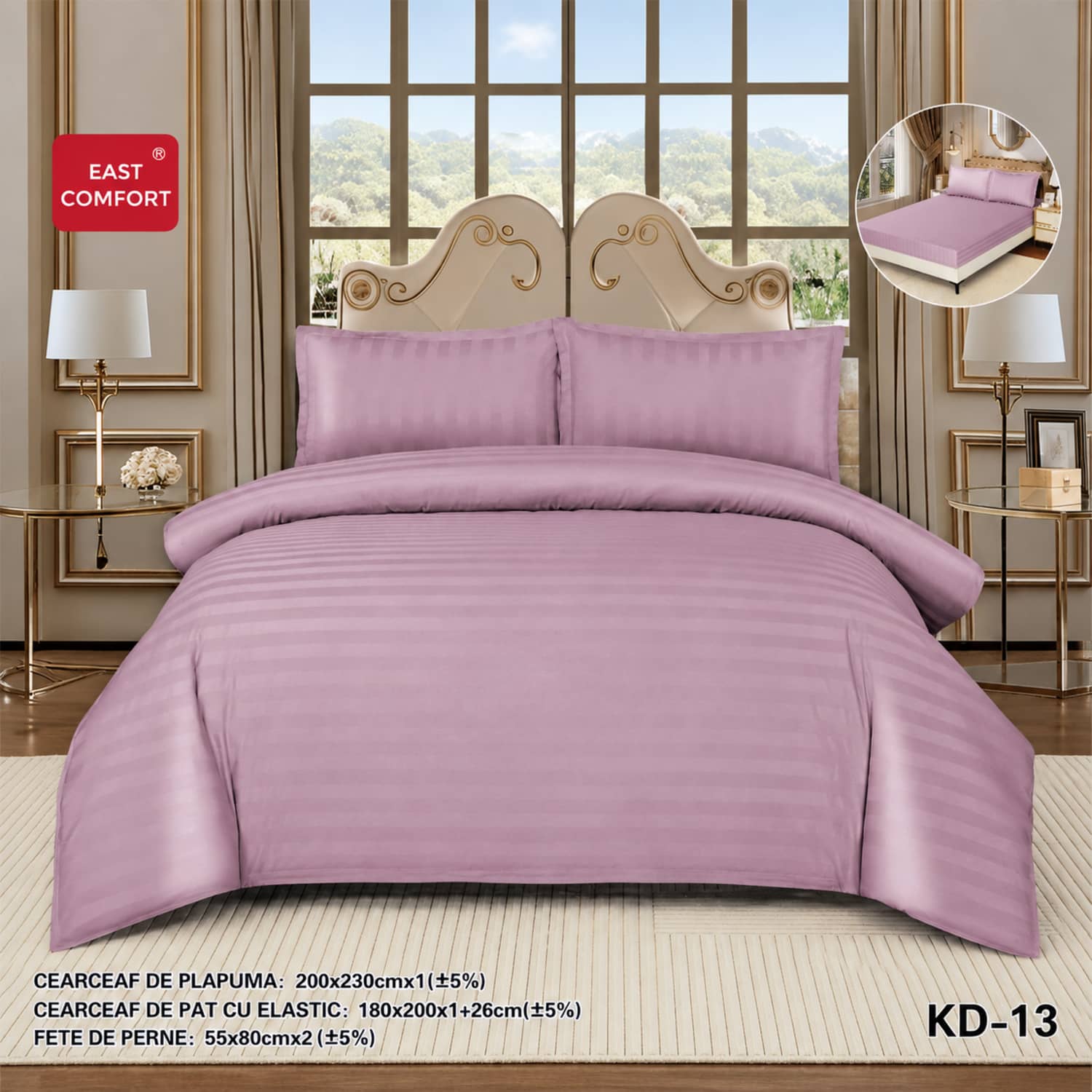 Lenjerie de pat dublu, damasc, elastic, 4 piese, model lila | East Comfort