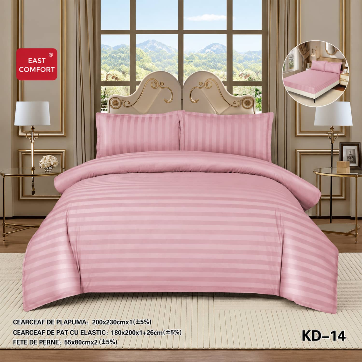Lenjerie de pat dublu, damasc, elastic, 4 piese, model roz pal | East Comfort
