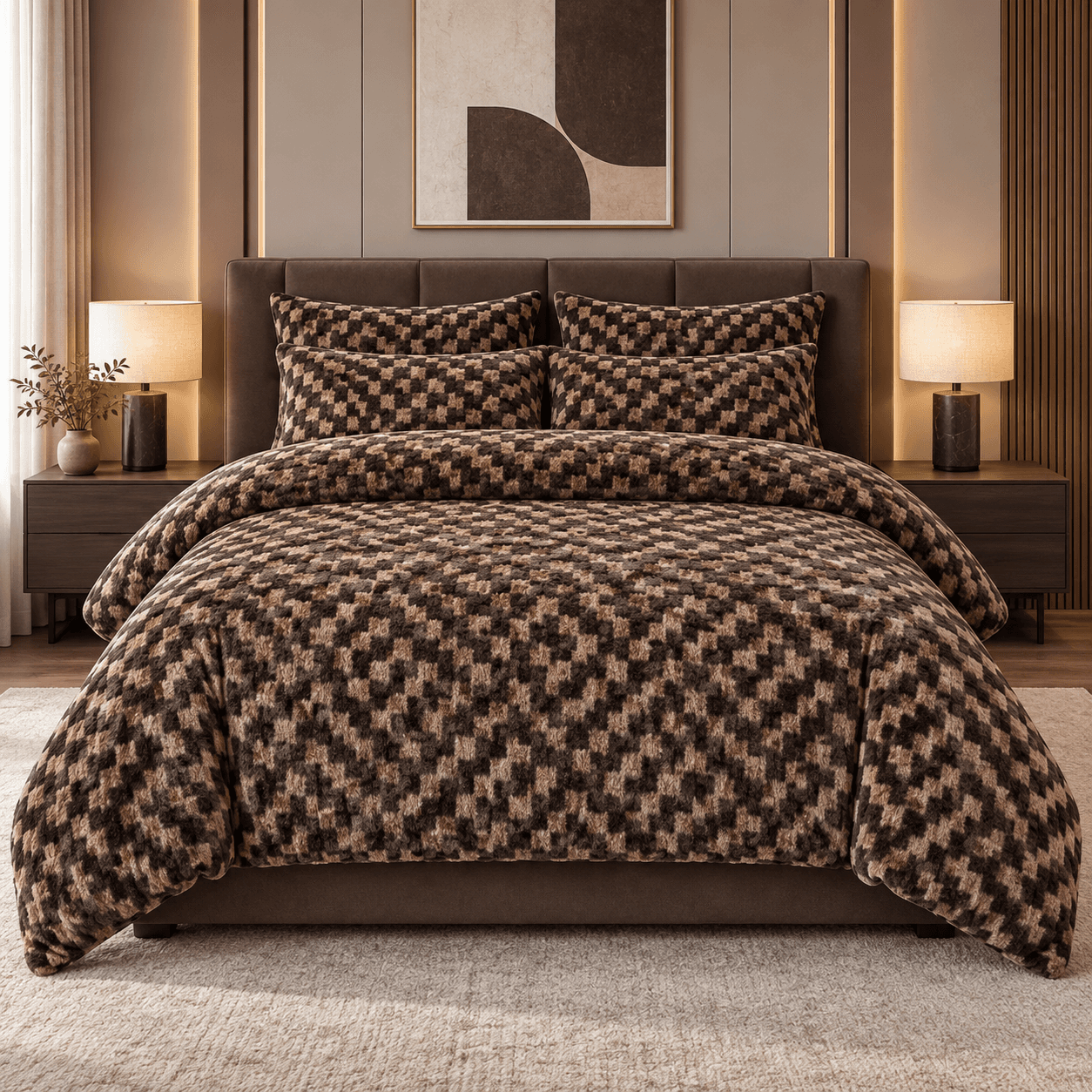 Lenjerie pat dublu din catifea de lapte, Cocolino, elastic, 6 piese, model maro cu model geometric | East Comfort
