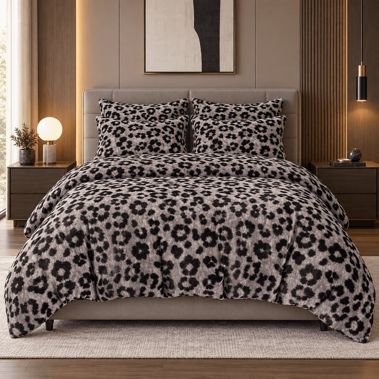 Lenjerie pat dublu din catifea de lapte, Cocolino, elastic, 6 piese, model gri cu model leopard | East Comfort