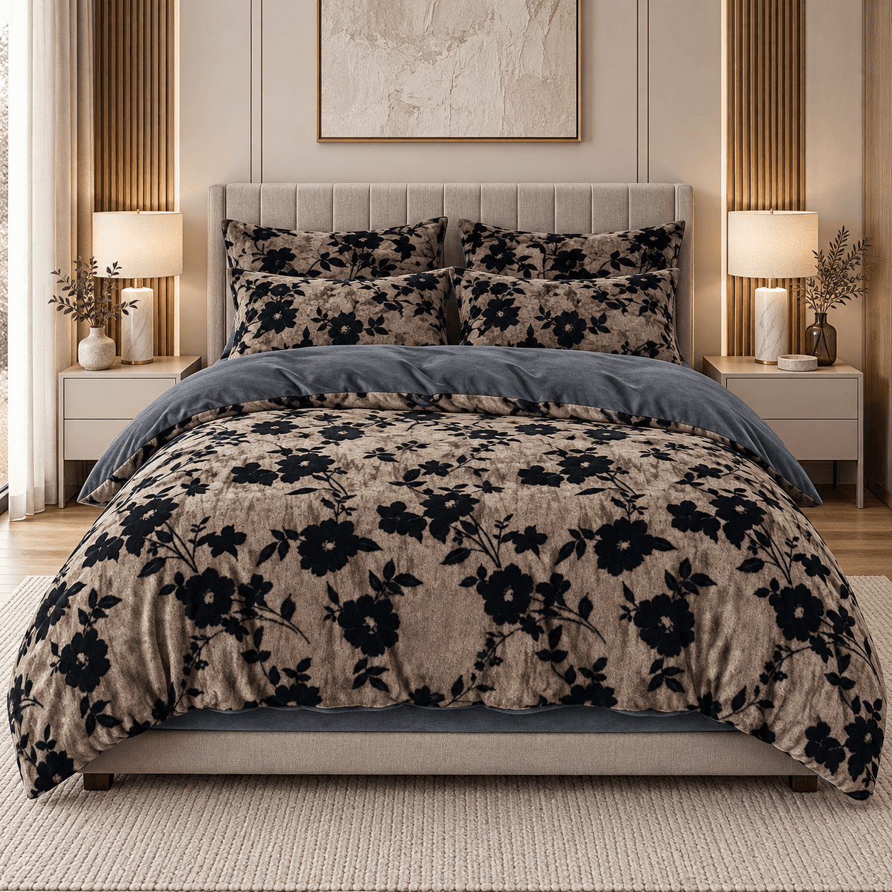 Lenjerie pat dublu din catifea de lapte, Cocolino, elastic, 6 piese, model gri cu flori negre | East Comfort