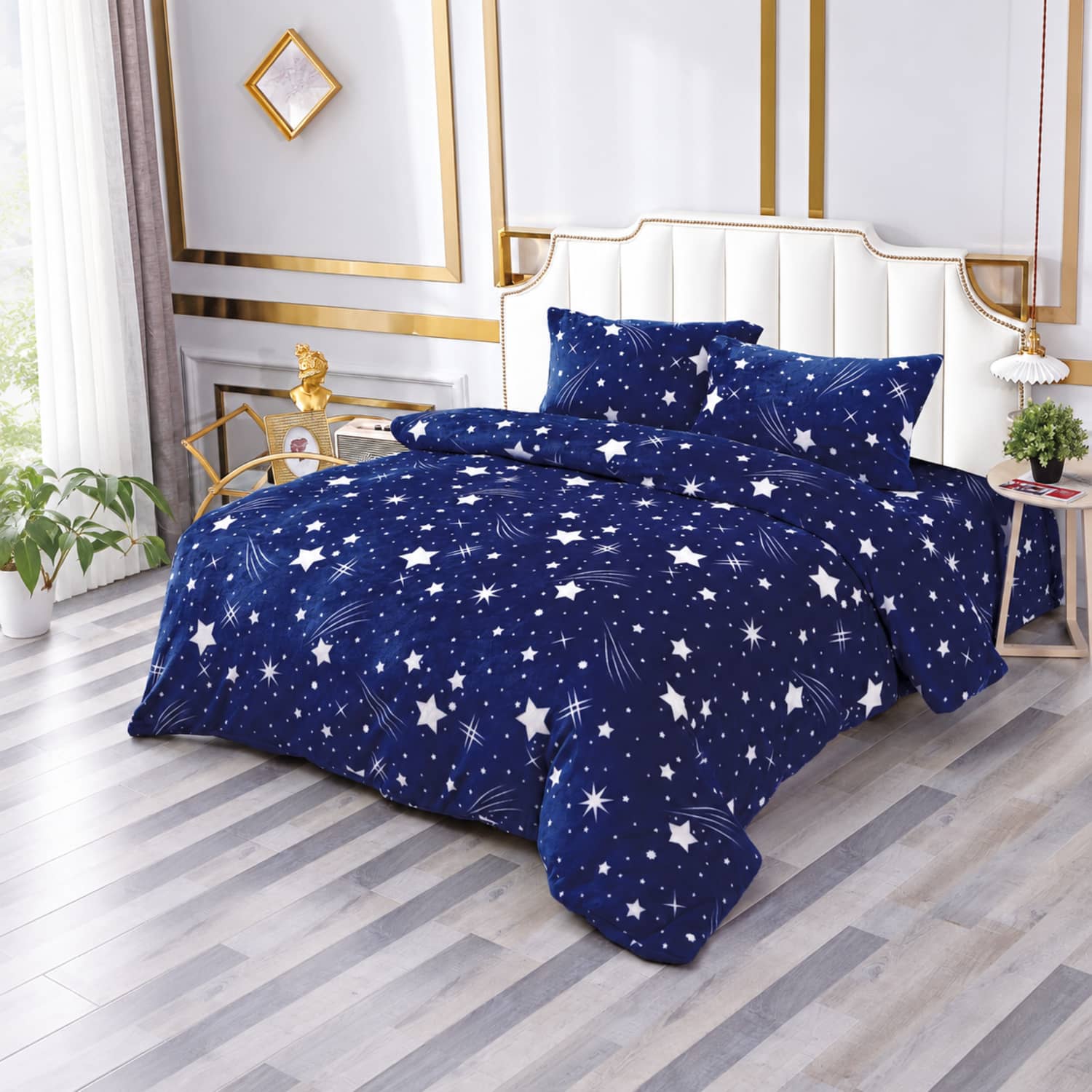 Lenjerie pat dublu, Cocolino, elastic, 4 piese, model bleumarin cu stele | East Comfort