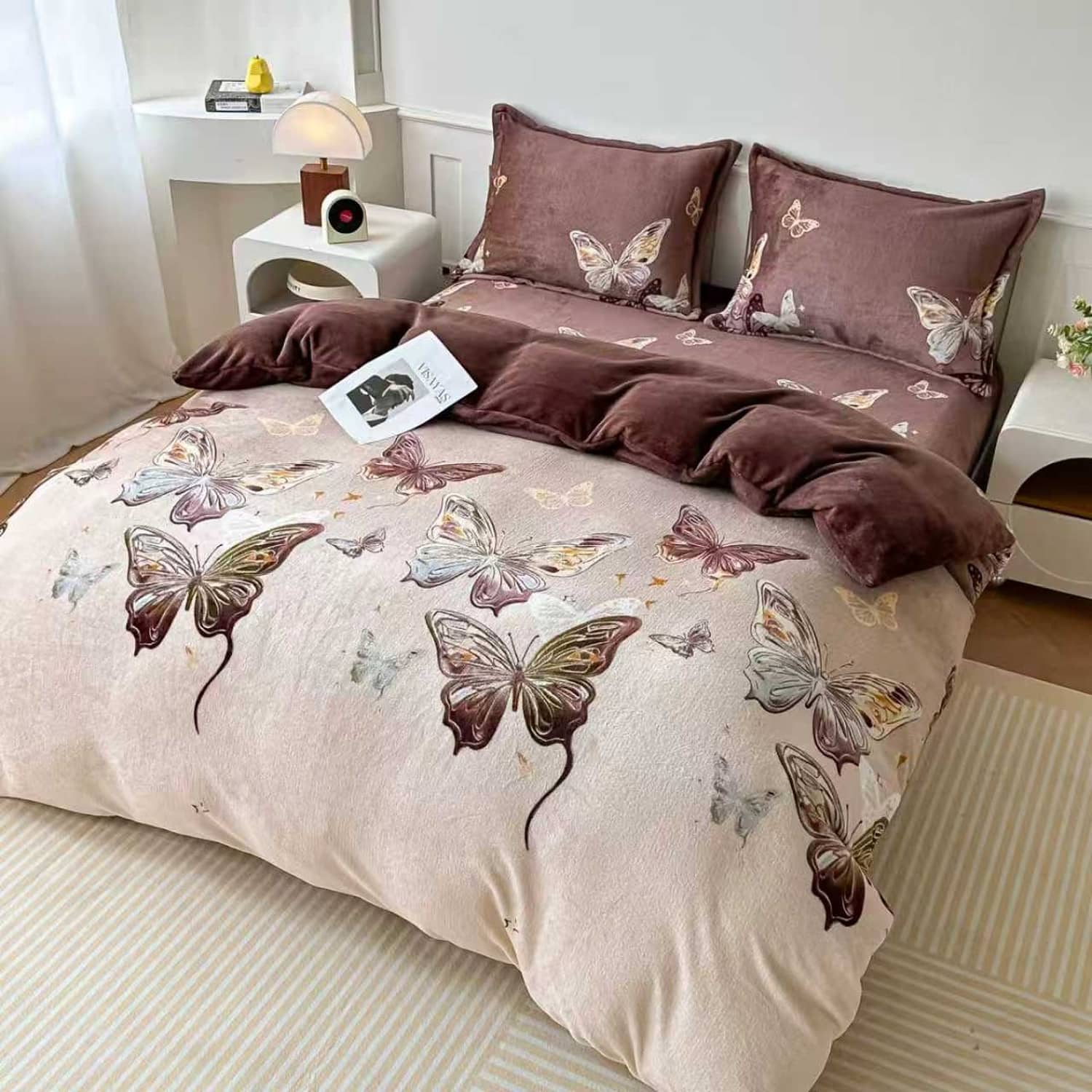 Lenjerie pat dublu, Cocolino, elastic, 4 piese, model roz pudrat cu fluturi | East Comfort