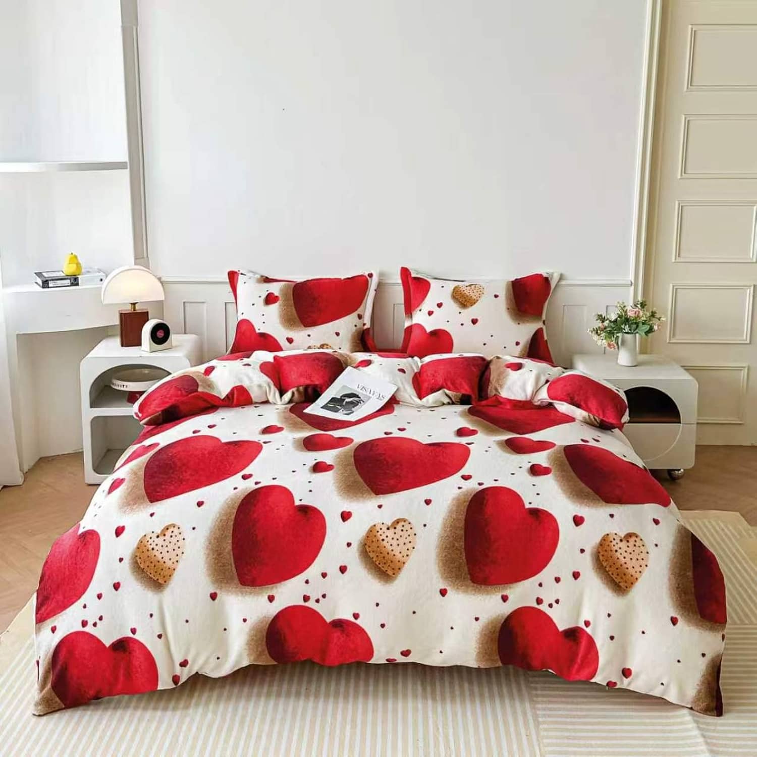 Lenjerie pat dublu, Cocolino, elastic, 4 piese, model crem cu inimi rosii | East Comfort