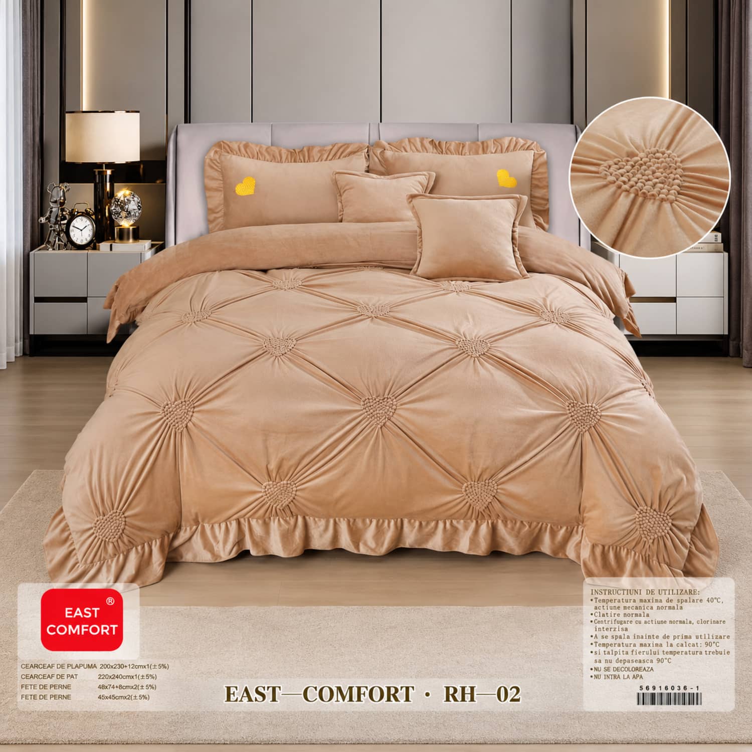 Lenjerie pat dublu din catifea de lapte, Cocolino cu fir scurt și volane, 6 piese, model bej caramel cu romburi si volane | East Comfort