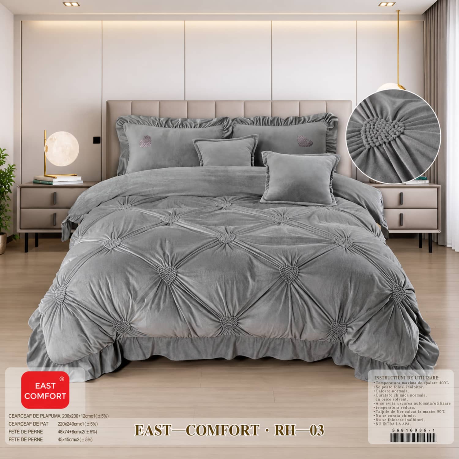 Lenjerie pat dublu din catifea de lapte, Cocolino cu fir scurt și volane, 6 piese, model gri argintiu cu romburi si volane | East Comfort