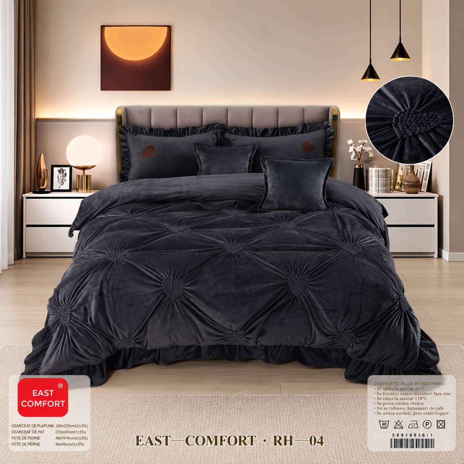 Lenjerie pat dublu din catifea de lapte, Cocolino cu fir scurt și volane, 6 piese, model negru cu romburi si volane | East Comfort